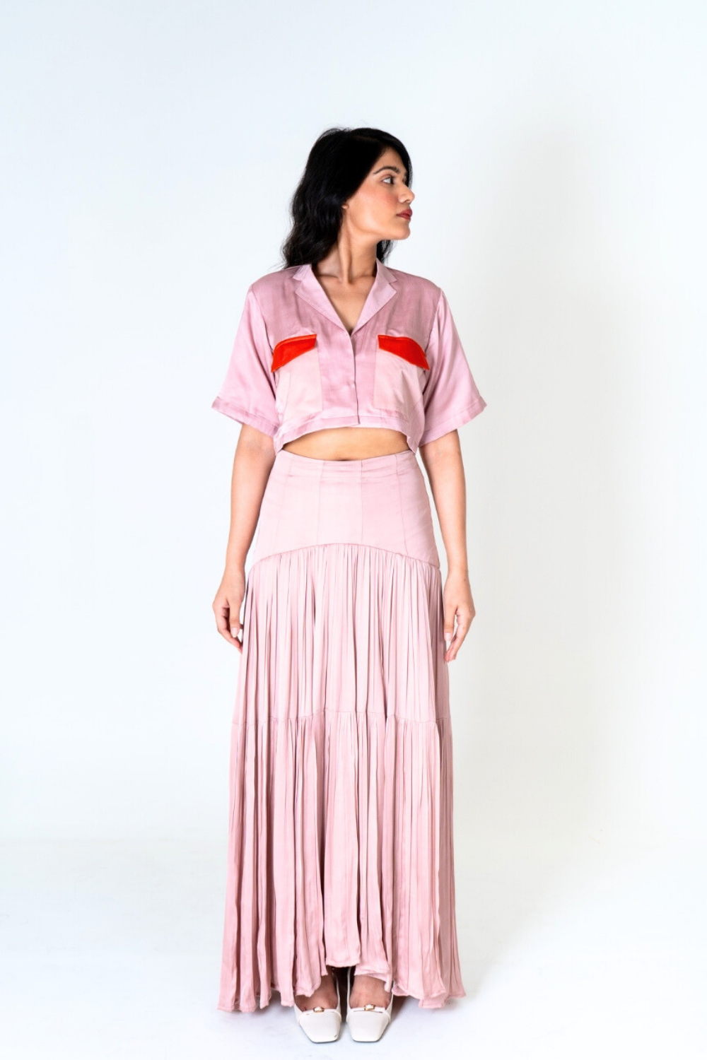 Pink-Orange Color-Blocked Crop top