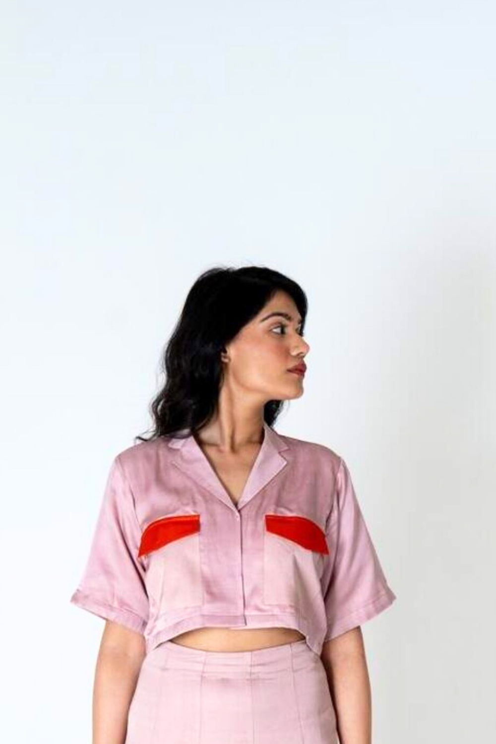 Pink-Orange Color-Blocked Crop top