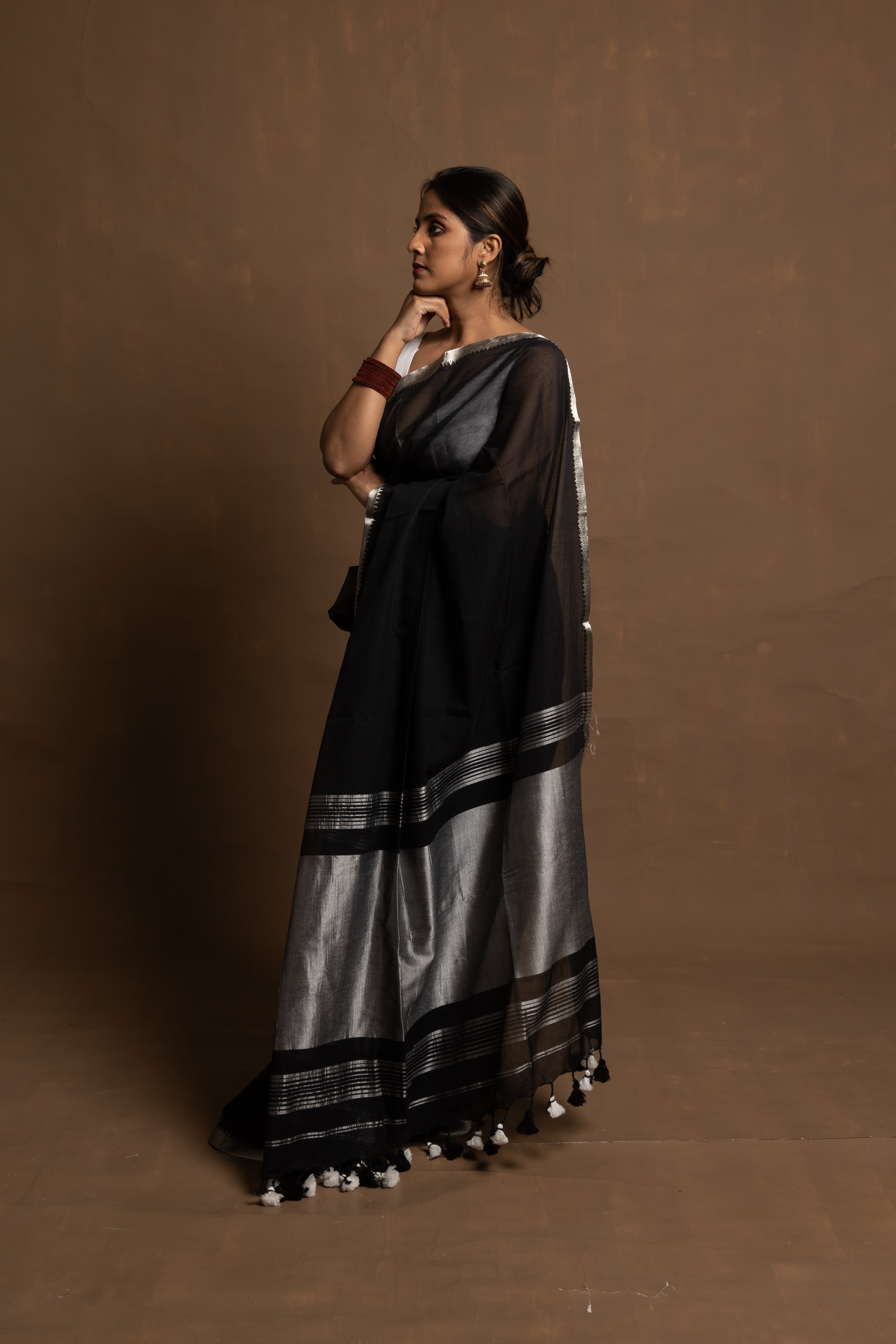 Black Beauty I Black Handloom Cotton Saree With Silver Zari Border