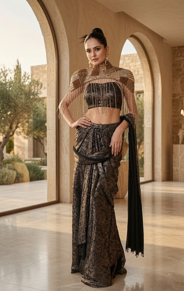 Black Jakard Crape Drape Saree with Cape