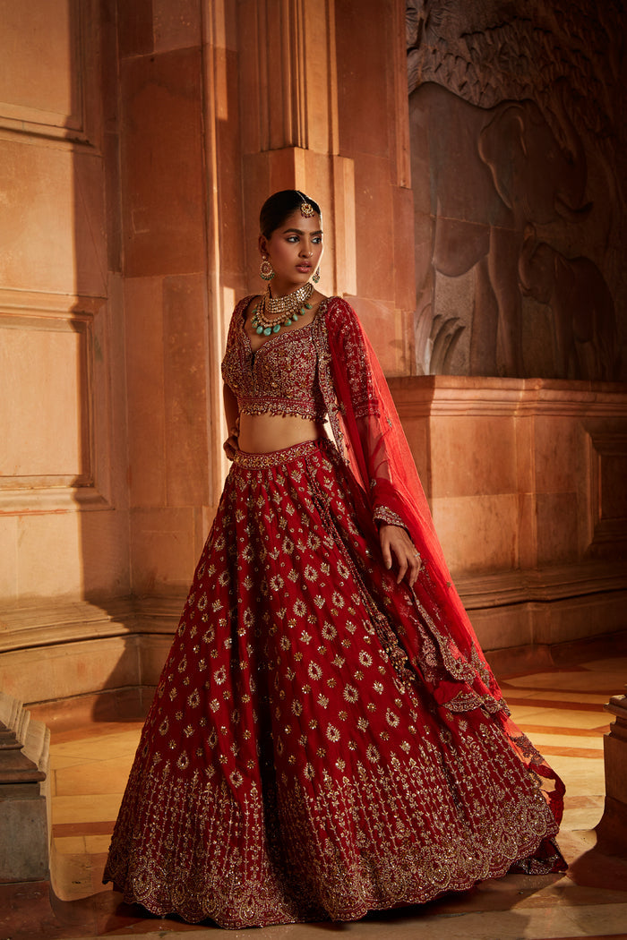 Blood Red Raw Silk Bridal Lehenga Choli Set with Tulle Dupatta