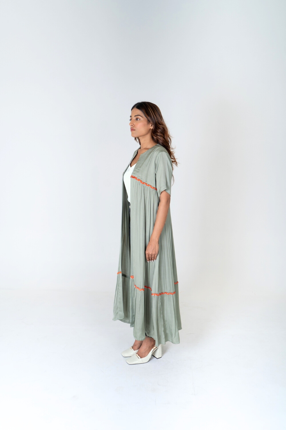Green-Orange Braided Gather Long Cape