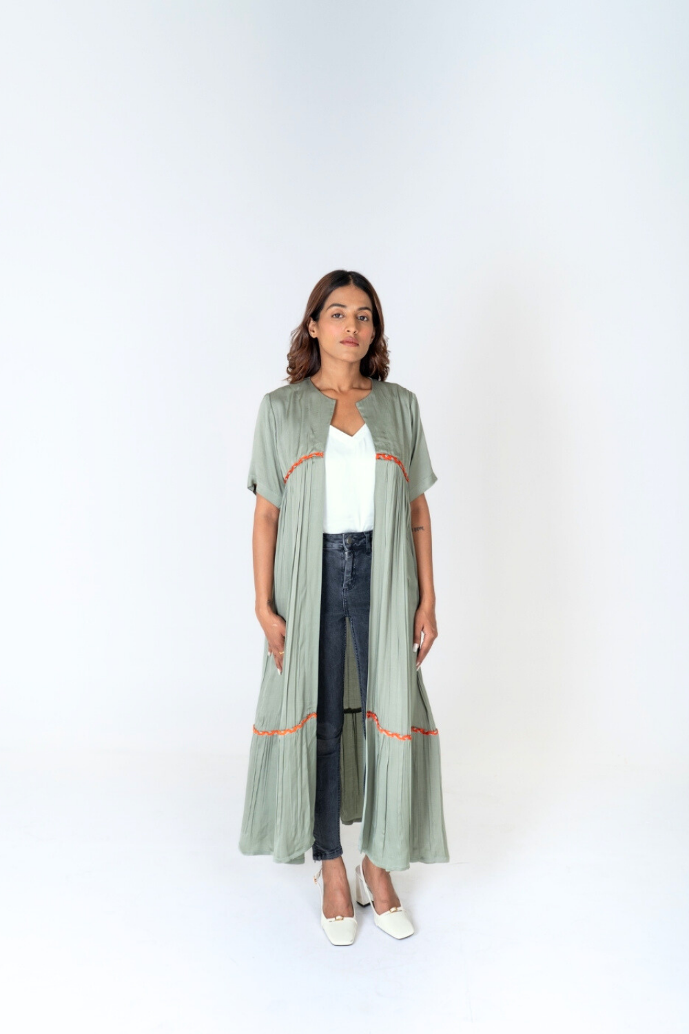 Green-Orange Braided Gather Long Cape