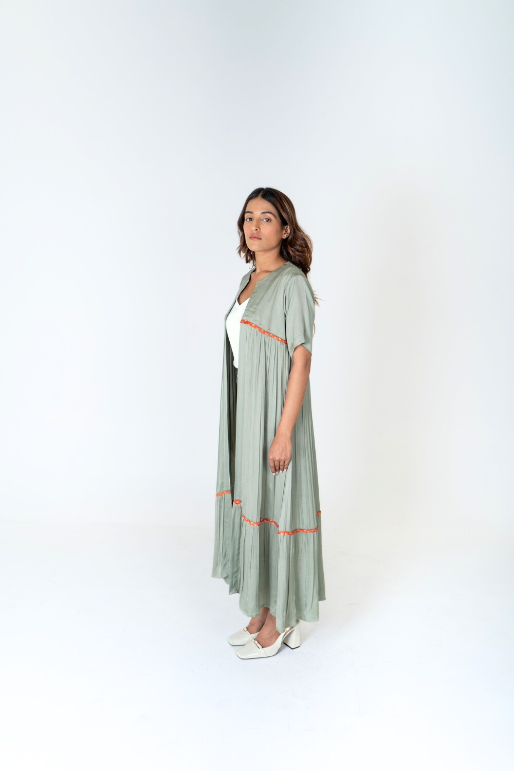 Green-Orange Braided Gather Long Cape