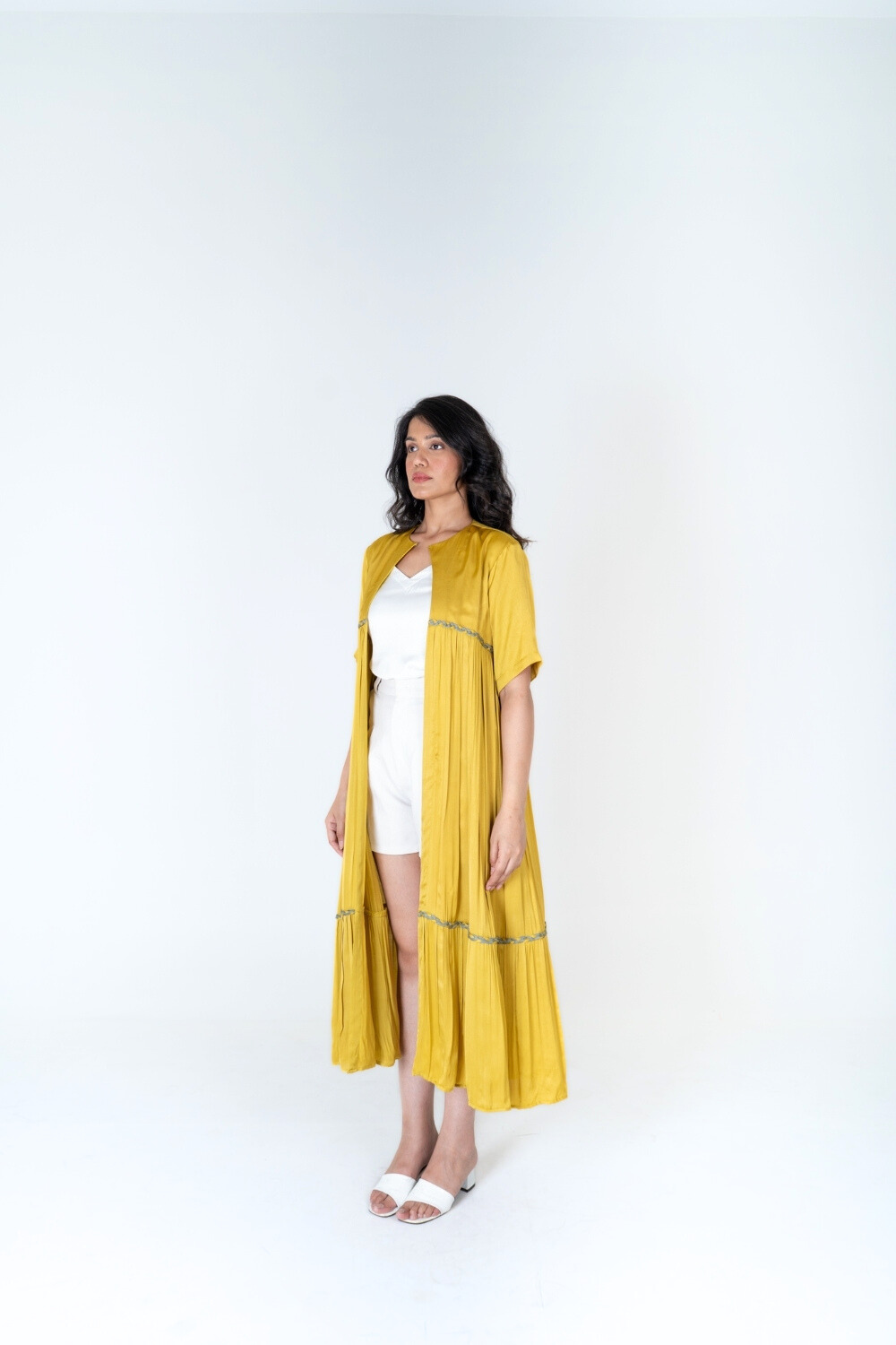 Yellow-Green Braided Gather Long Cape