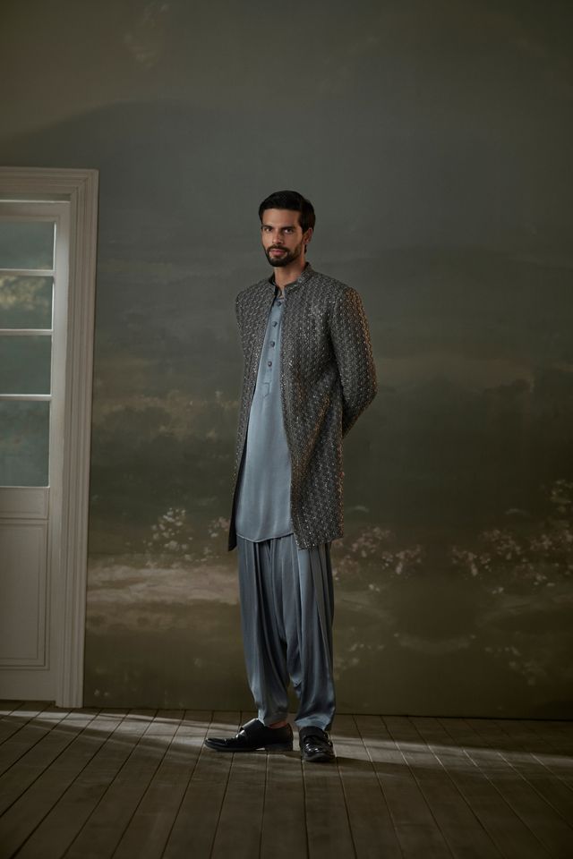 Grey Open Jacket with Kurta and Salwar
