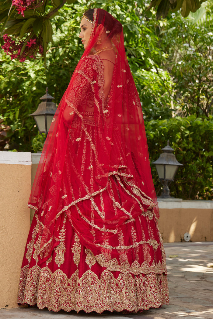 Cardinal Red Raw Silk Lehenga With Tulle Dupatta and Optional Second Dupatta