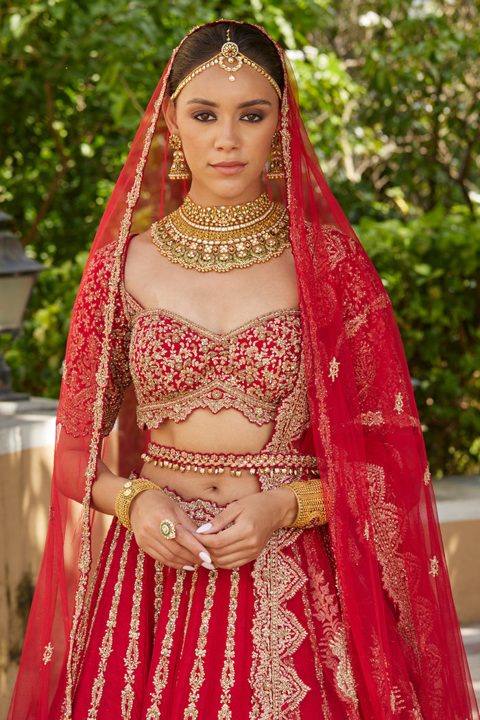 Cardinal Red Raw Silk Lehenga With Tulle Dupatta and Optional Second Dupatta