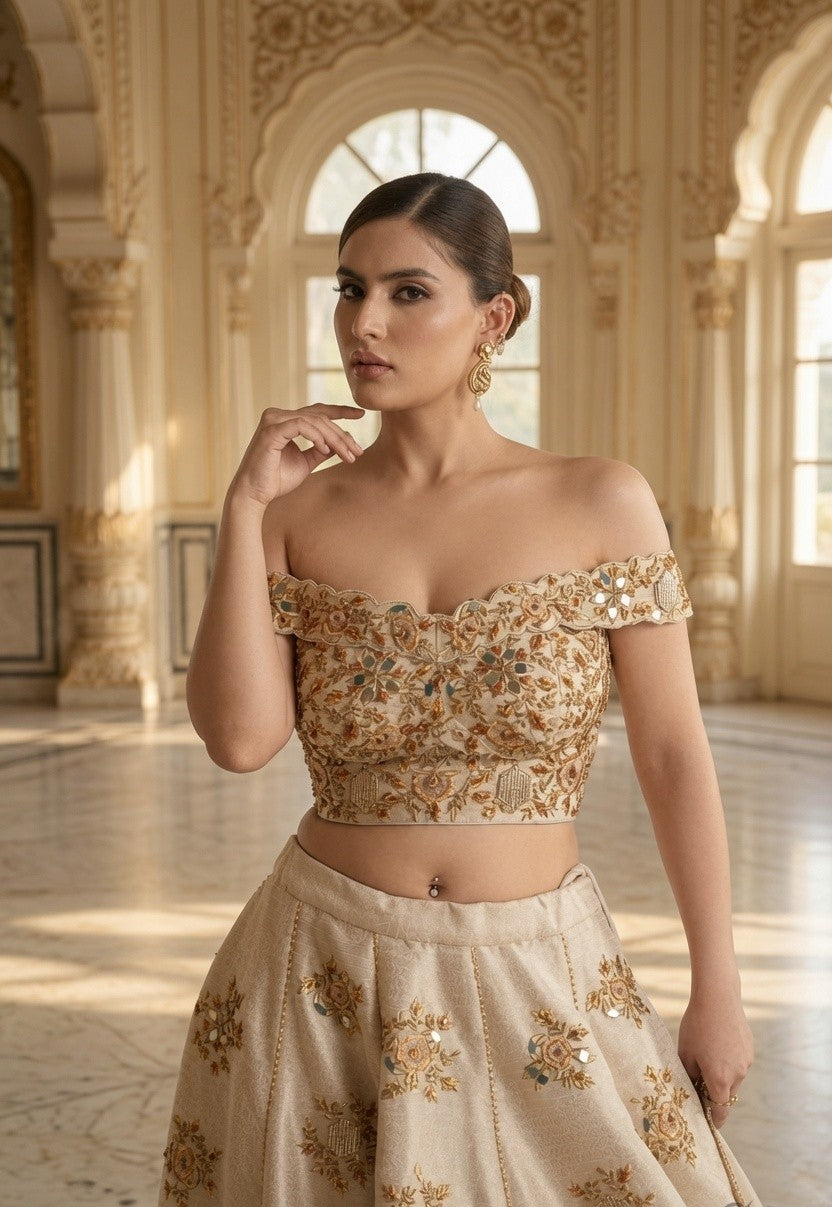 Champaign Brocade Off Shoulder Lehenga Blouse and Dupatta