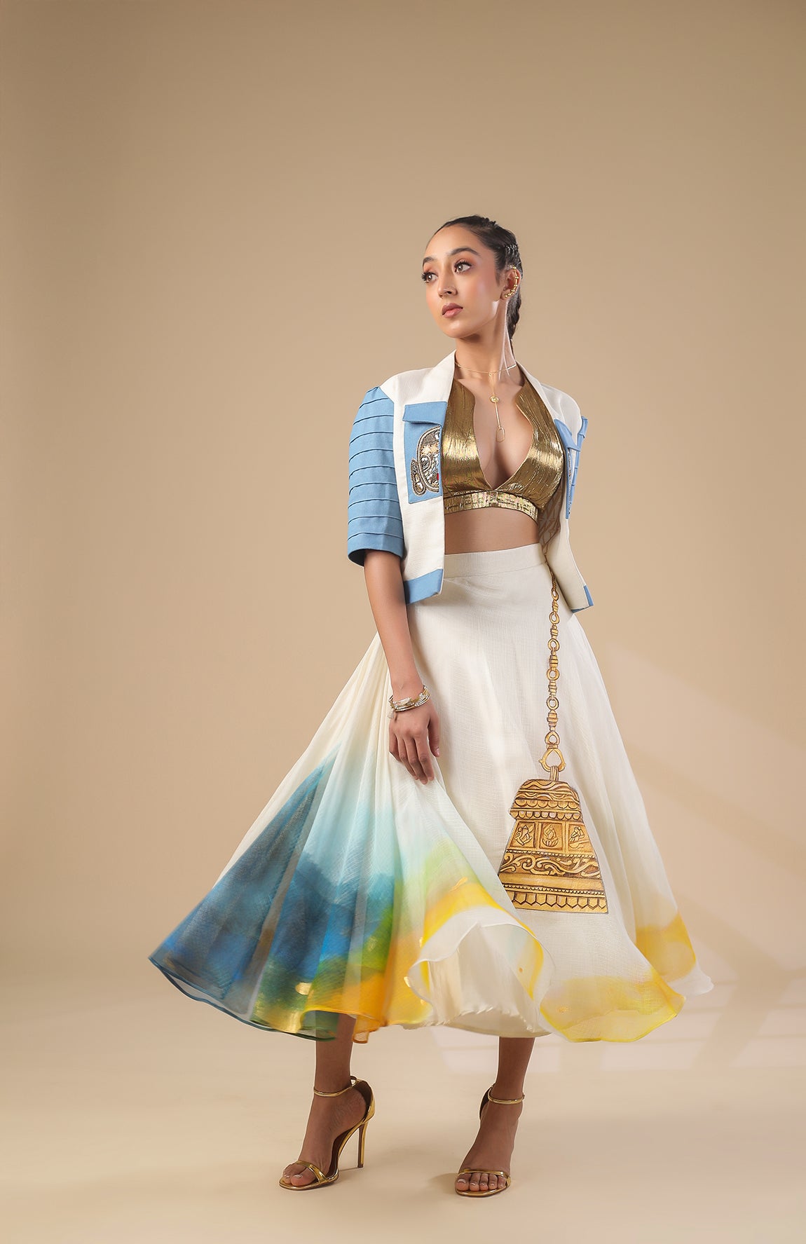 KOTA DORIA JACKET  GOLD BRALETTE WITH KOTA DORIA SKIRT