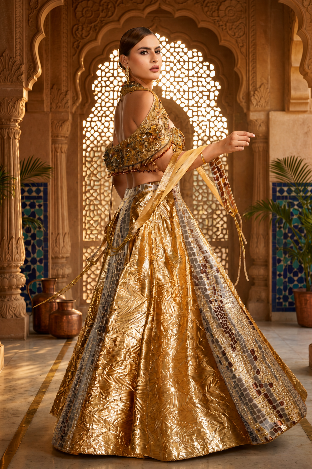 Crush Tissue and Jakard Lehenga with Off Shoulder Blouse