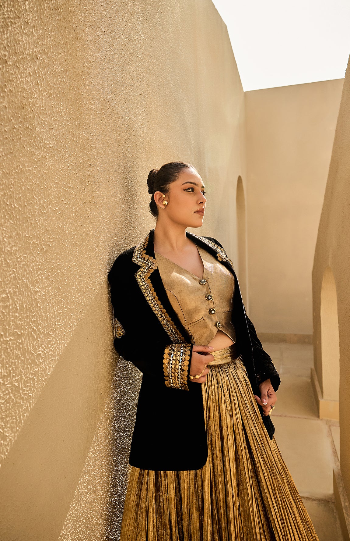 VELVET BLAZER SILK JACQUARD WAIST COAT CRUSHED LEHANGA