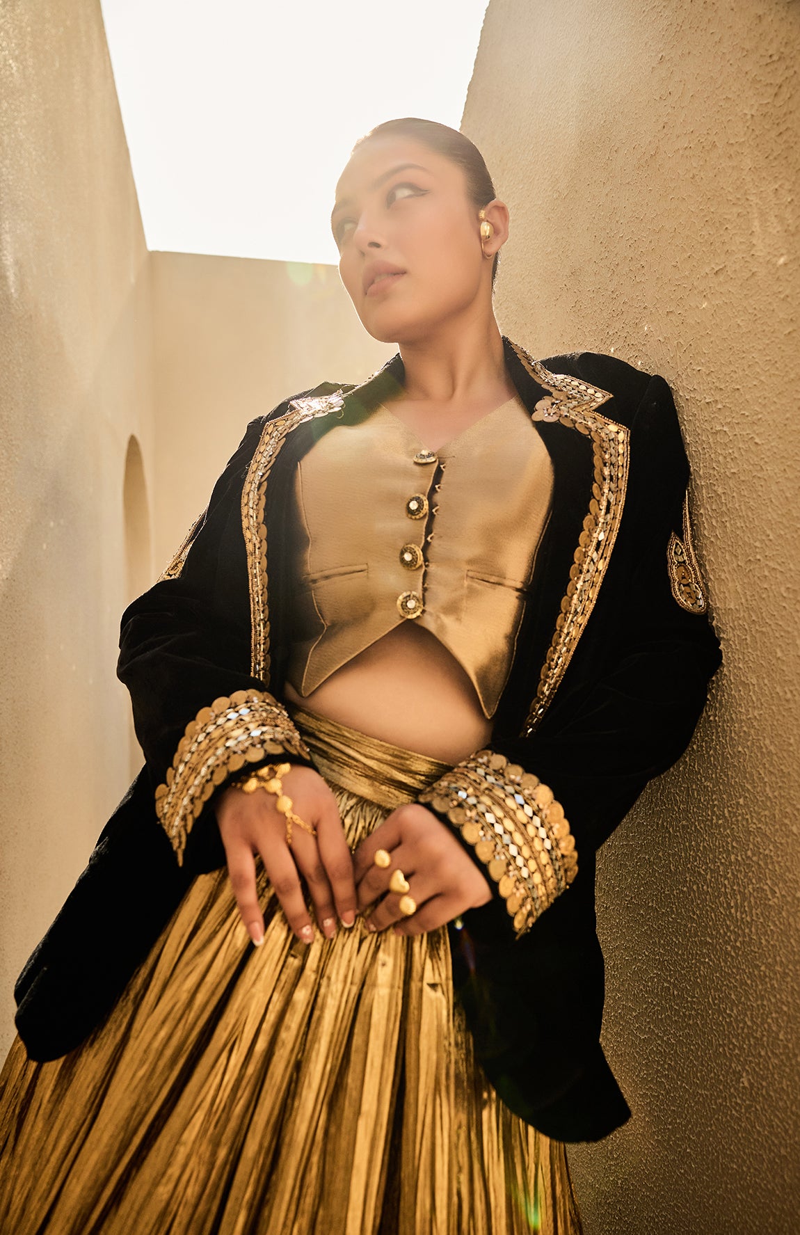 VELVET BLAZER SILK JACQUARD WAIST COAT CRUSHED LEHANGA