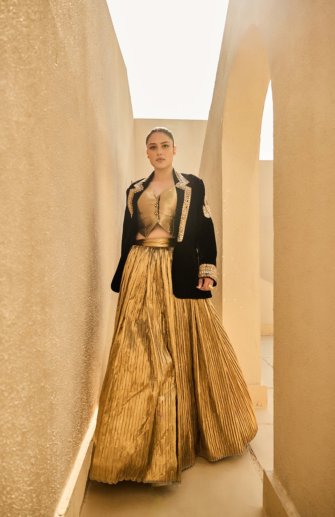 VELVET BLAZER SILK JACQUARD WAIST COAT CRUSHED LEHANGA