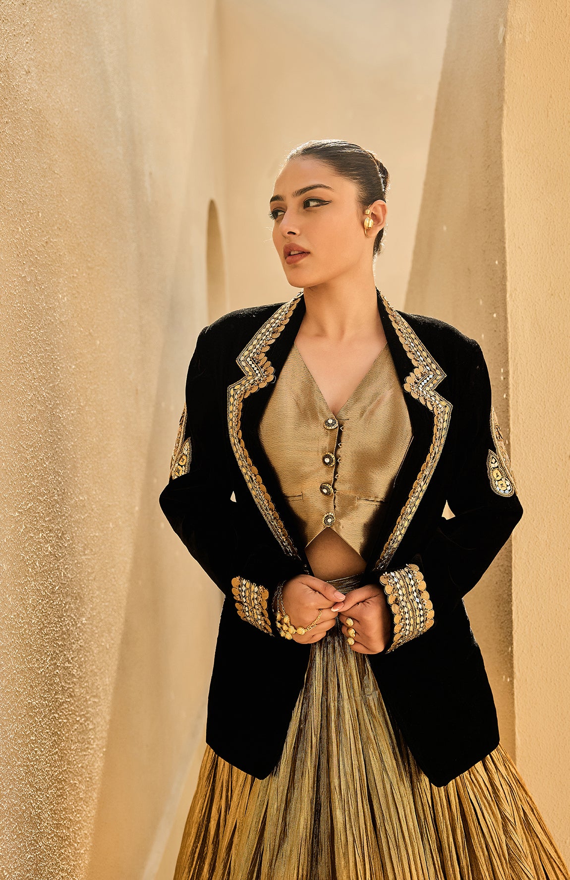 VELVET BLAZER SILK JACQUARD WAIST COAT CRUSHED LEHANGA