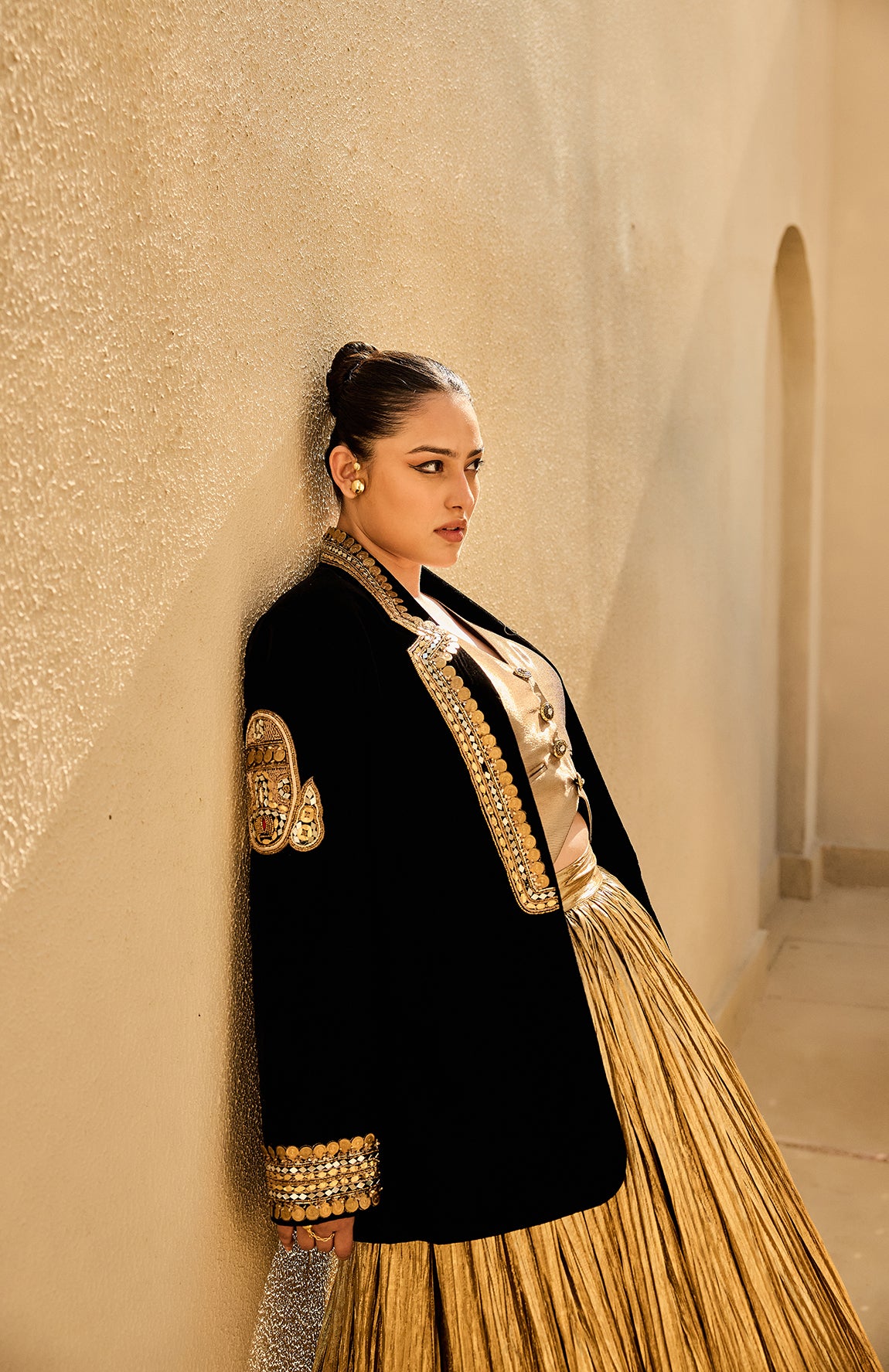 VELVET BLAZER SILK JACQUARD WAIST COAT CRUSHED LEHANGA