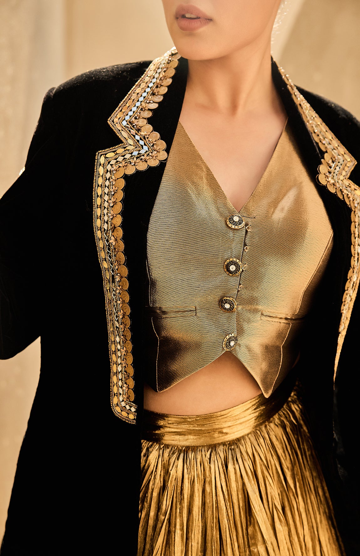 VELVET BLAZER SILK JACQUARD WAIST COAT CRUSHED LEHANGA