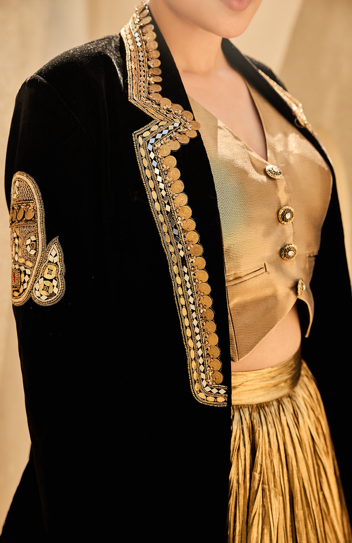 VELVET BLAZER SILK JACQUARD WAIST COAT CRUSHED LEHANGA