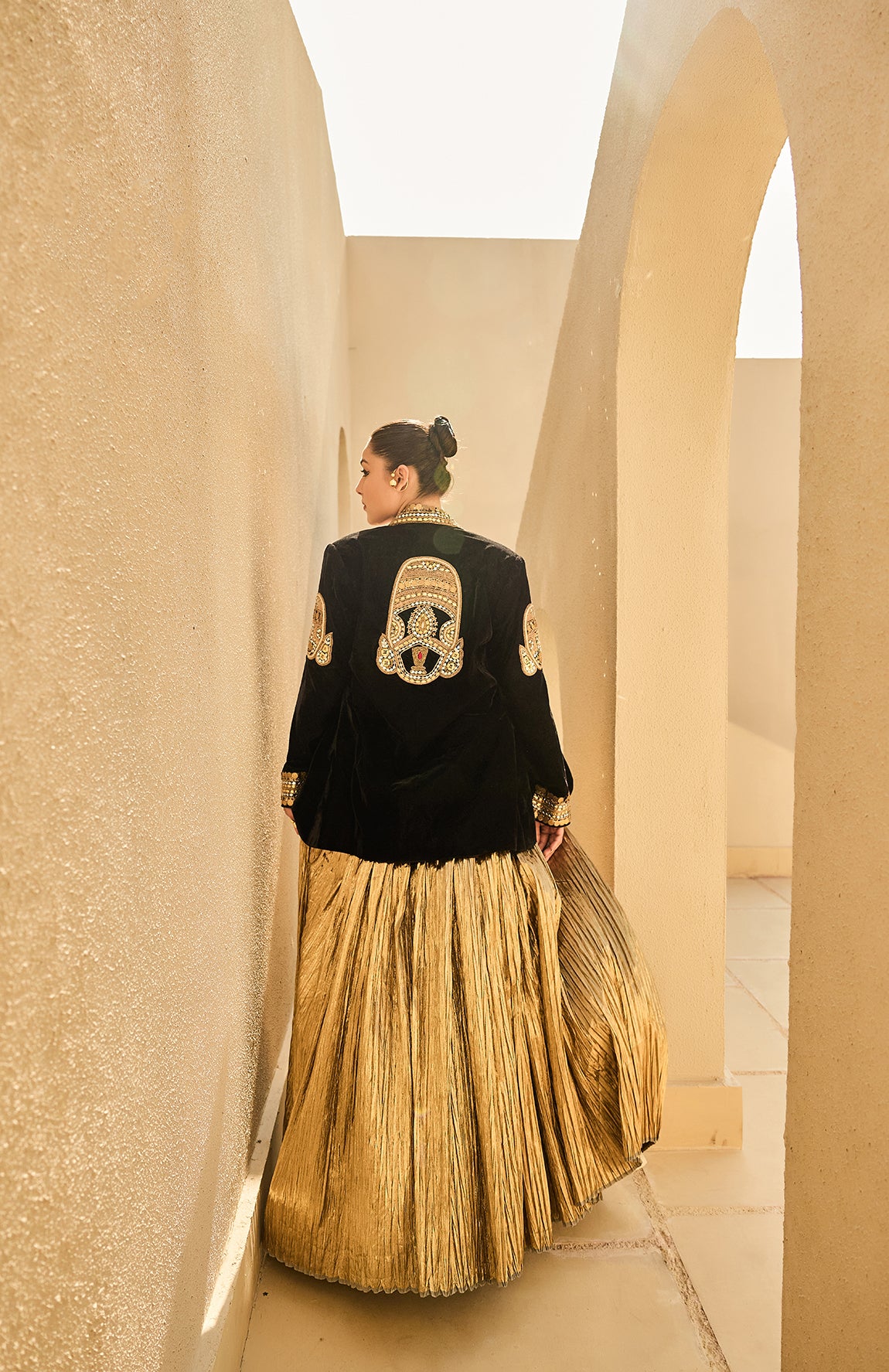 VELVET BLAZER SILK JACQUARD WAIST COAT CRUSHED LEHANGA