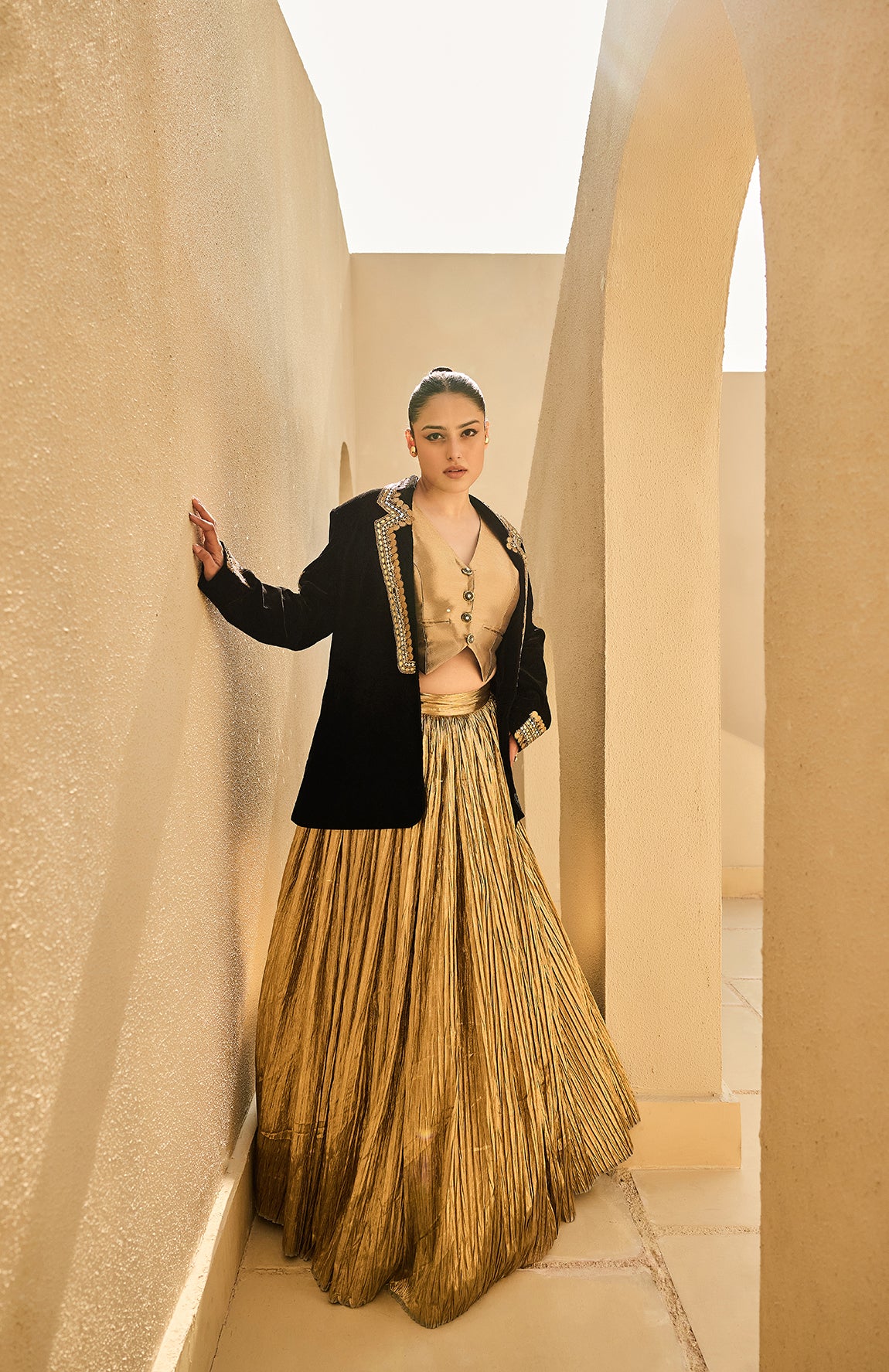 VELVET BLAZER SILK JACQUARD WAIST COAT CRUSHED LEHANGA