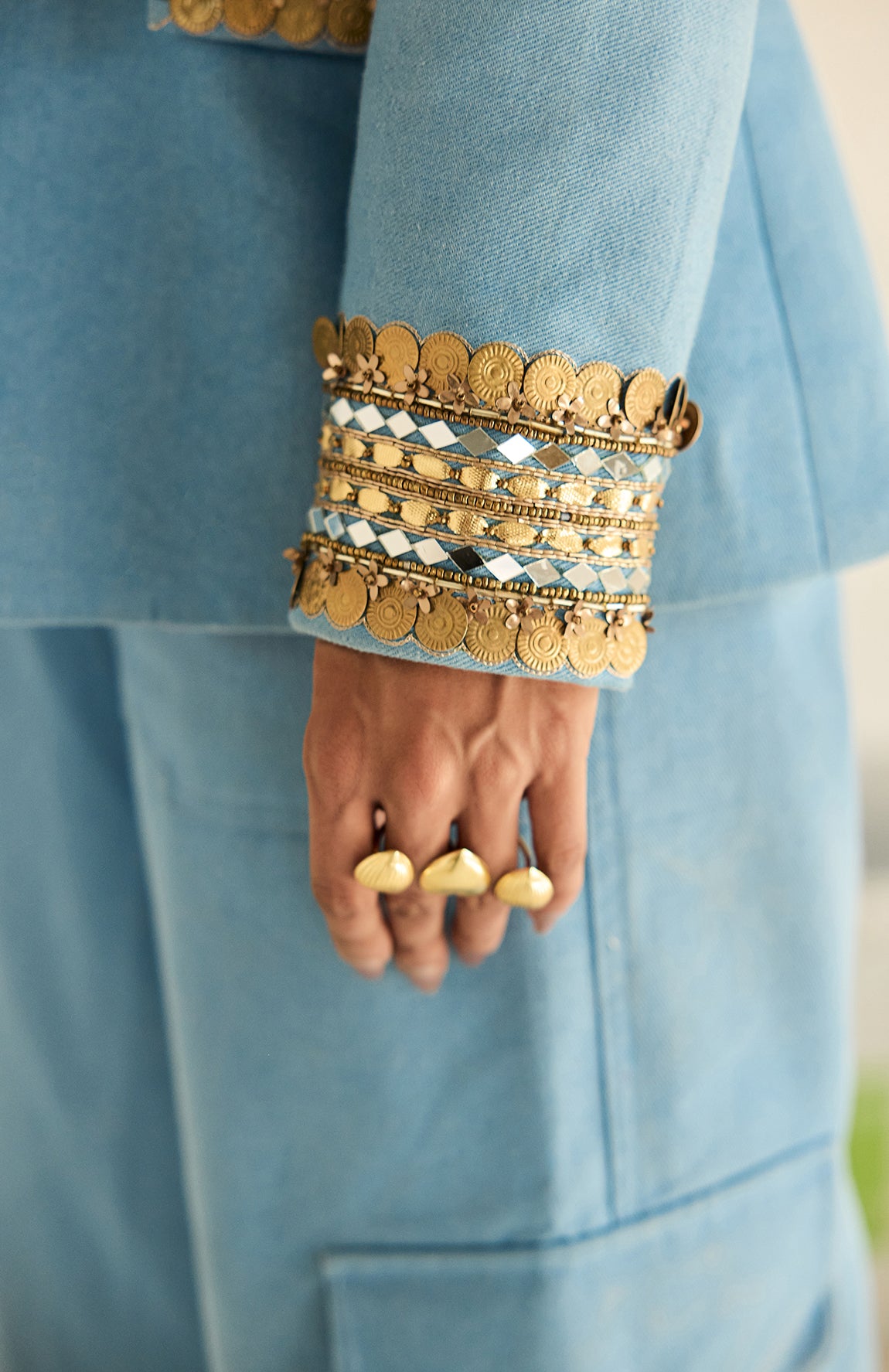 DENIM BLAZER GOLD BUSTIER WITH DENIM CARGO PANTS