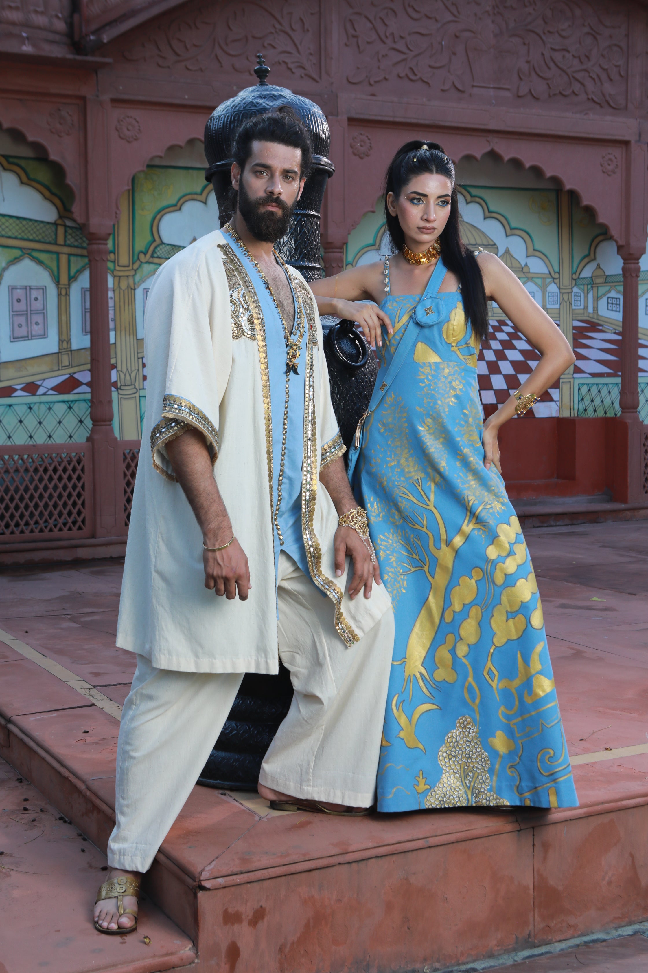 DEVI DRAPE KHADI KIMONO KAFTAAN WITH THIN DENIM AND KHADI PANTS