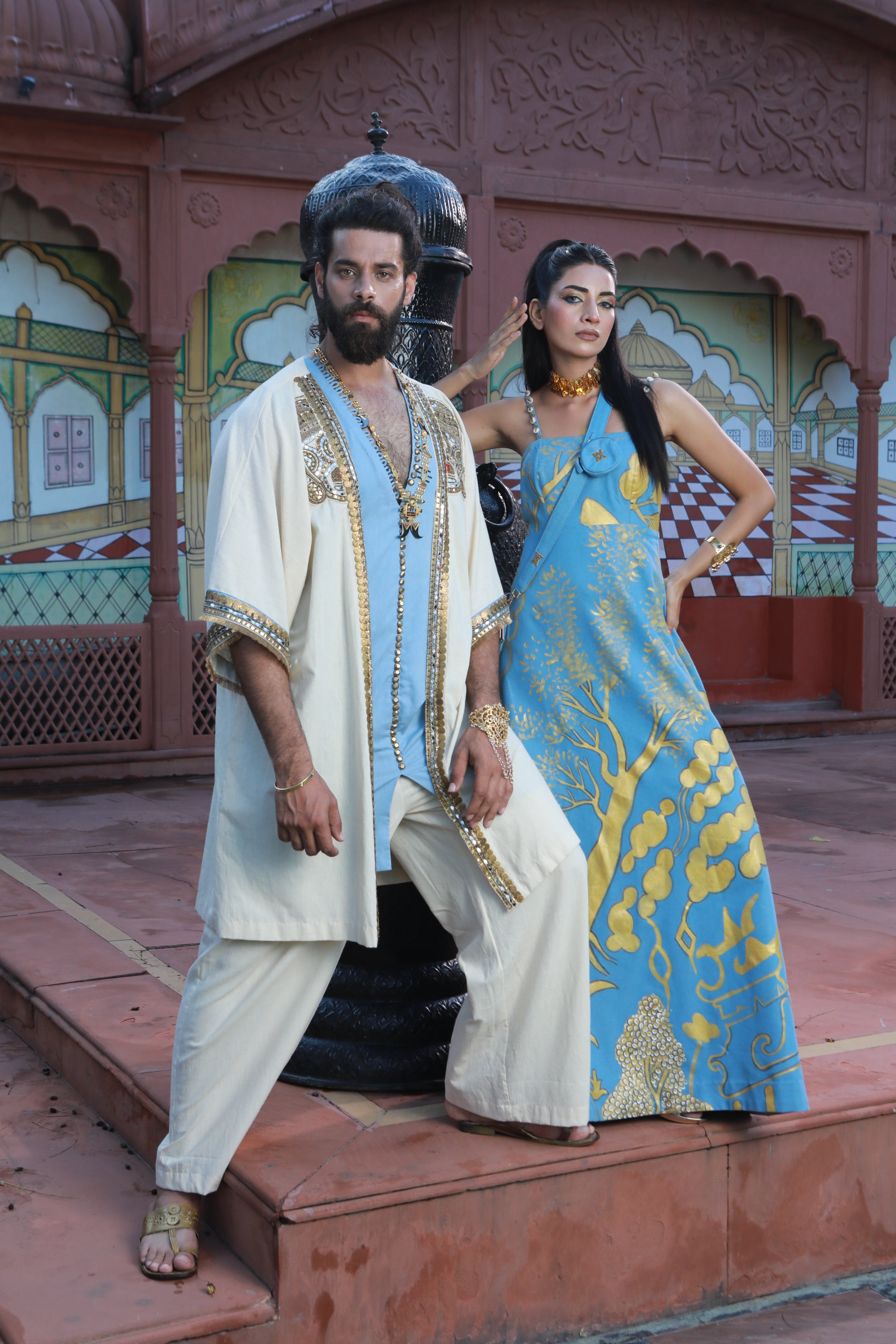 DEVI DRAPE KHADI KIMONO KAFTAAN WITH THIN DENIM AND KHADI PANTS