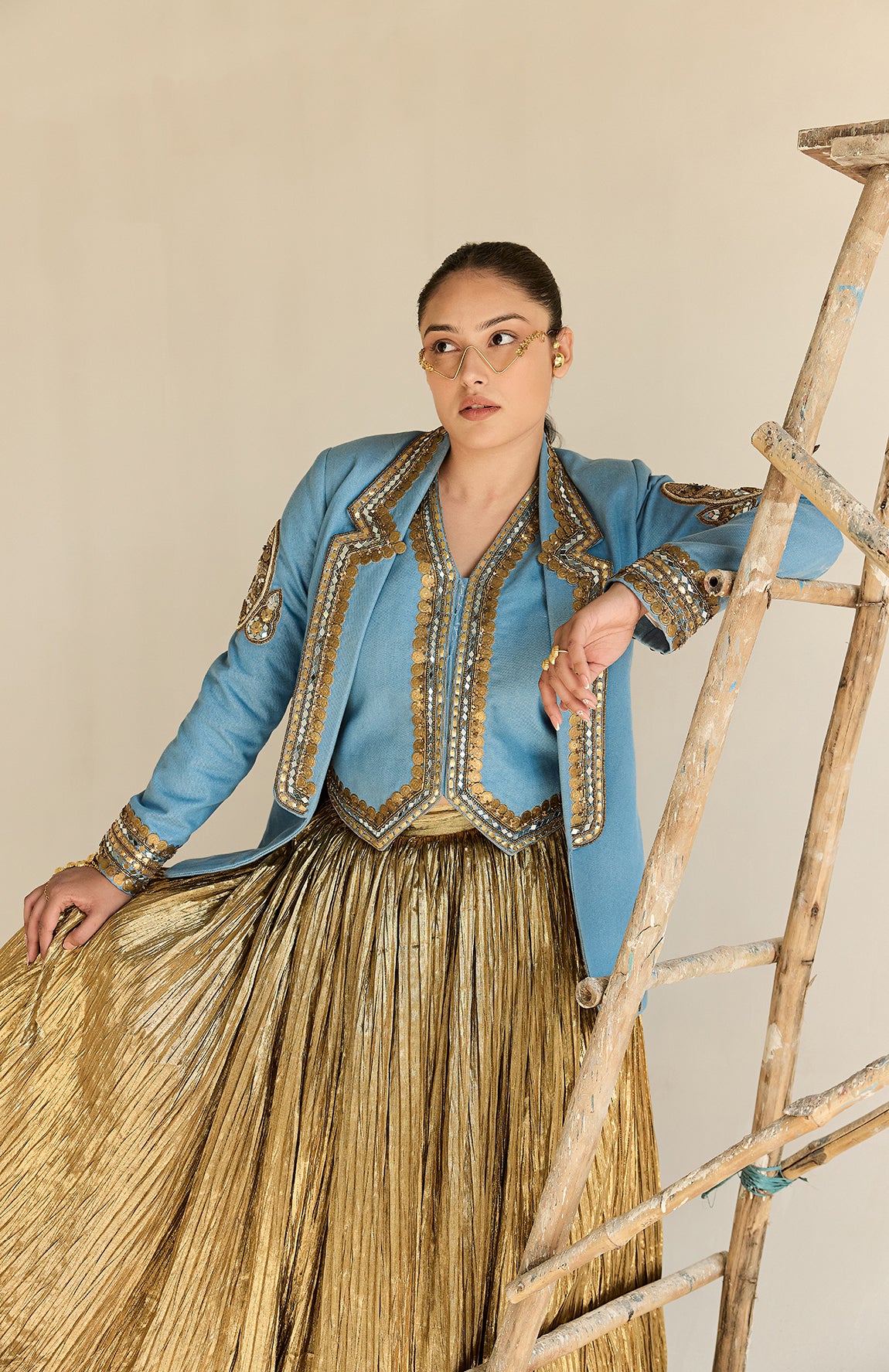 DENIM BLAZER AND  WAIST COAT AND SILK JECQUARD CRUSHED LEHANGA