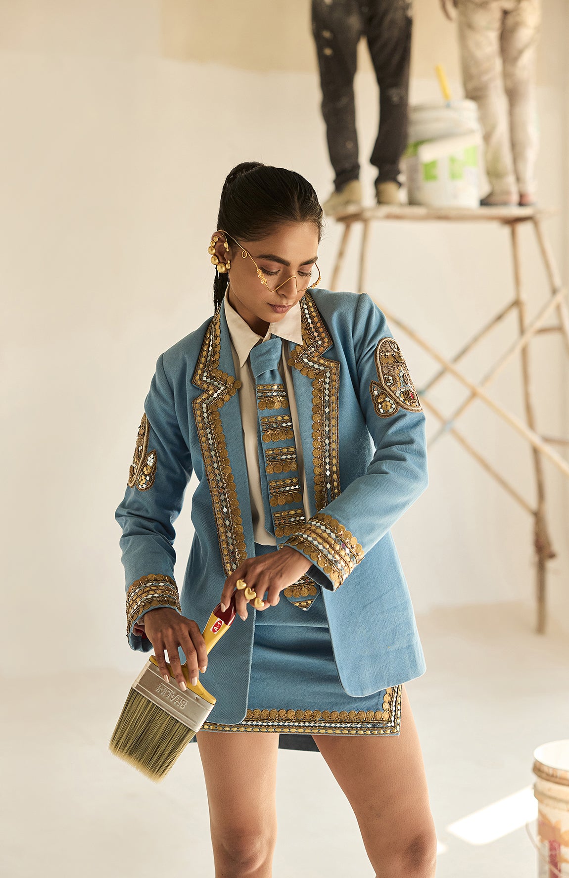 DENIM BLAZER DENIM TIE DENIM SHORT SKIRT KOTA DORIA SHIRT