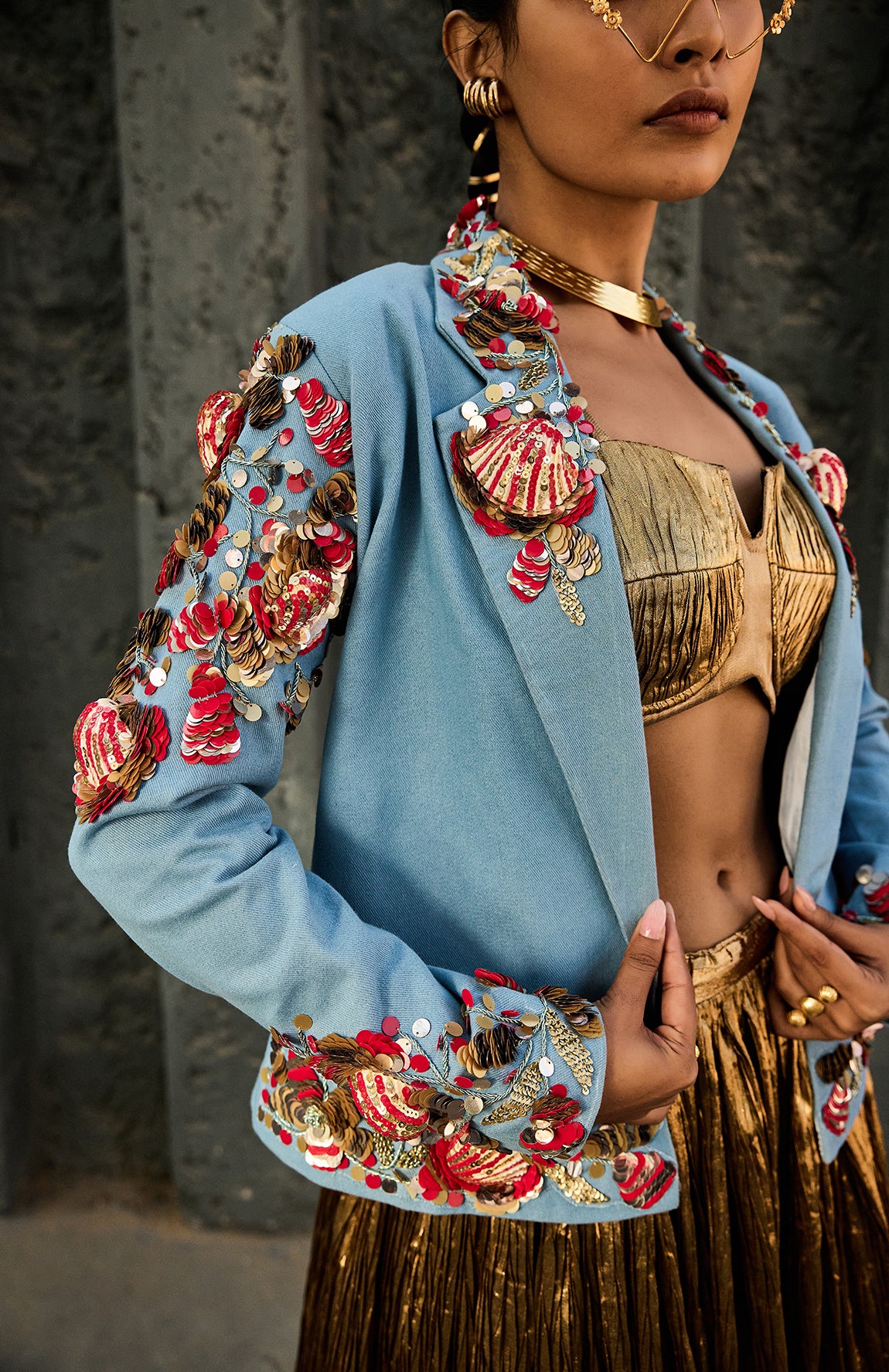 DENIM BLAZER SILK JACQUARD BUSTIER CRUSHED SKIRT