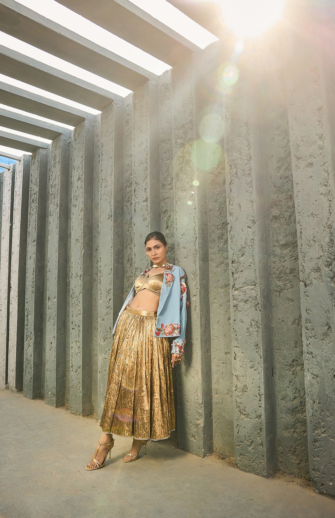 DENIM BLAZER SILK JACQUARD BUSTIER CRUSHED SKIRT