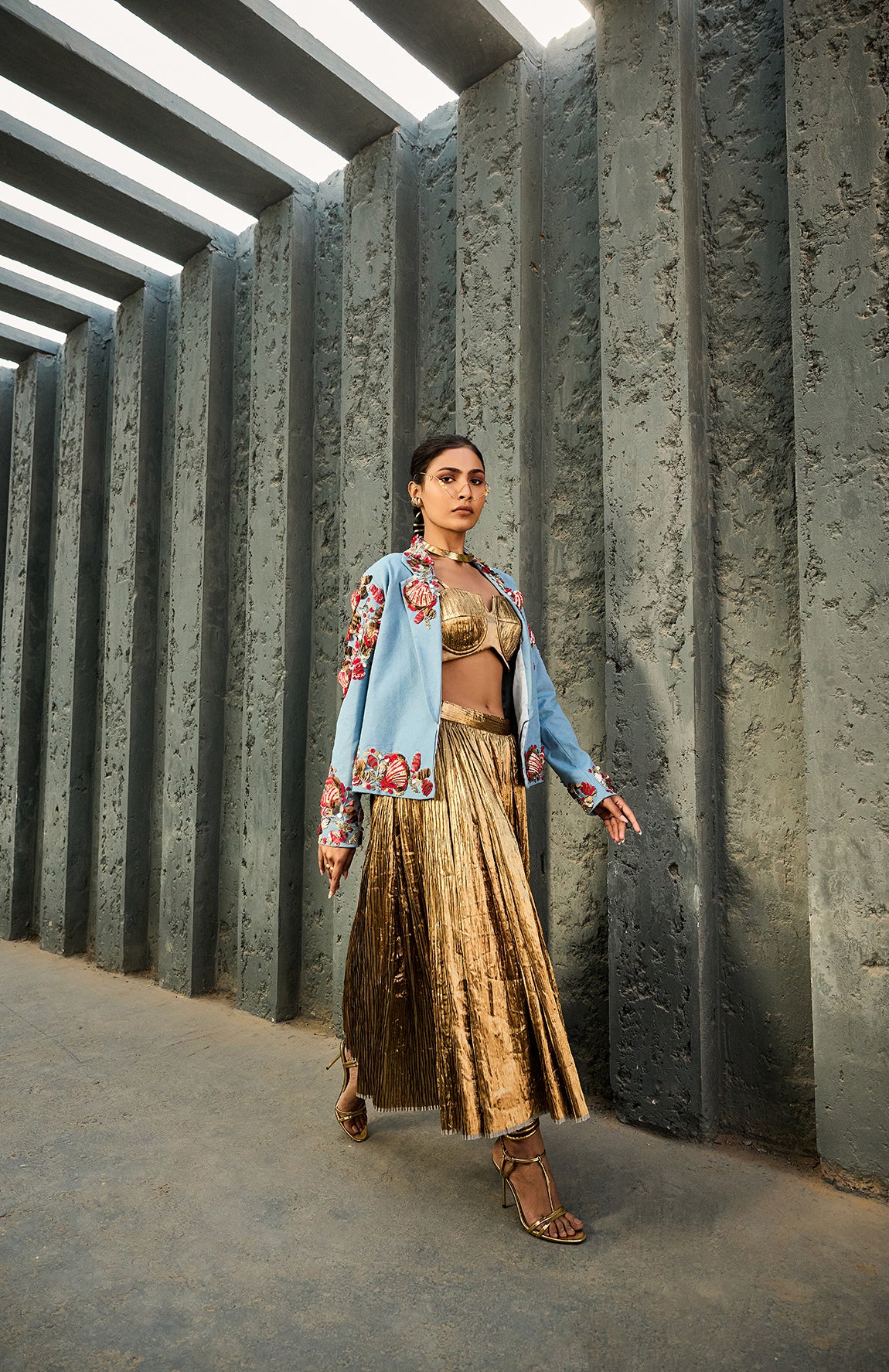 DENIM BLAZER SILK JACQUARD BUSTIER CRUSHED SKIRT