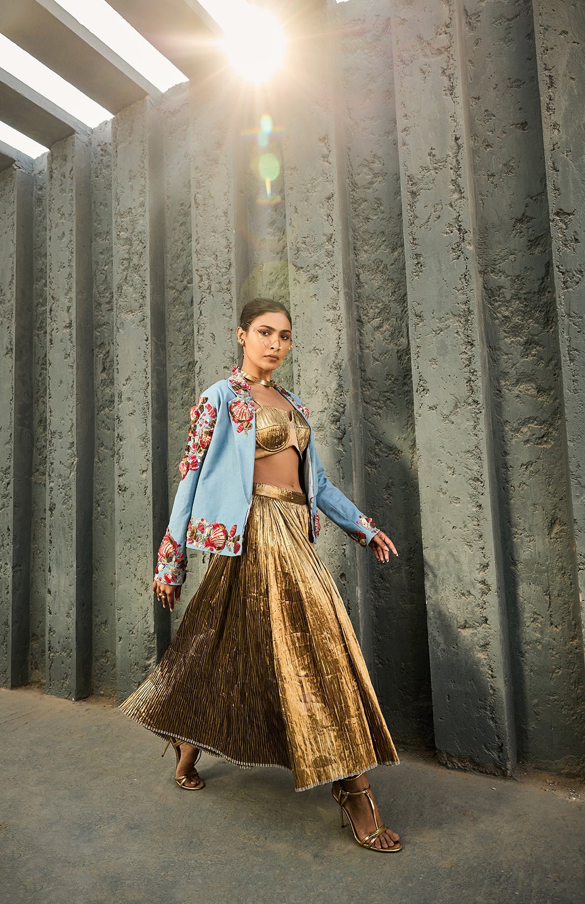 DENIM BLAZER SILK JACQUARD BUSTIER CRUSHED SKIRT