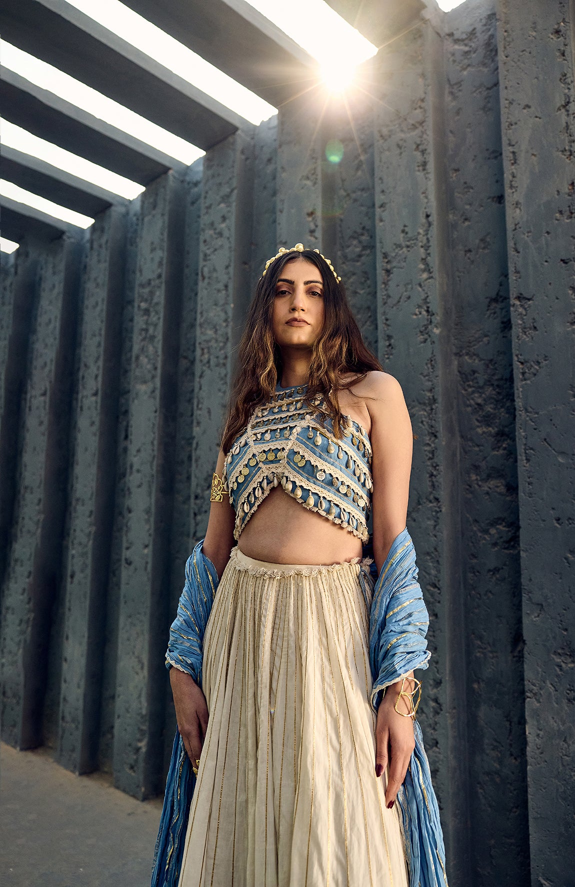 HALTER NECK CROP TOP WITH MAL LEHANGA AND CRUSHED COTTON DUPATTA