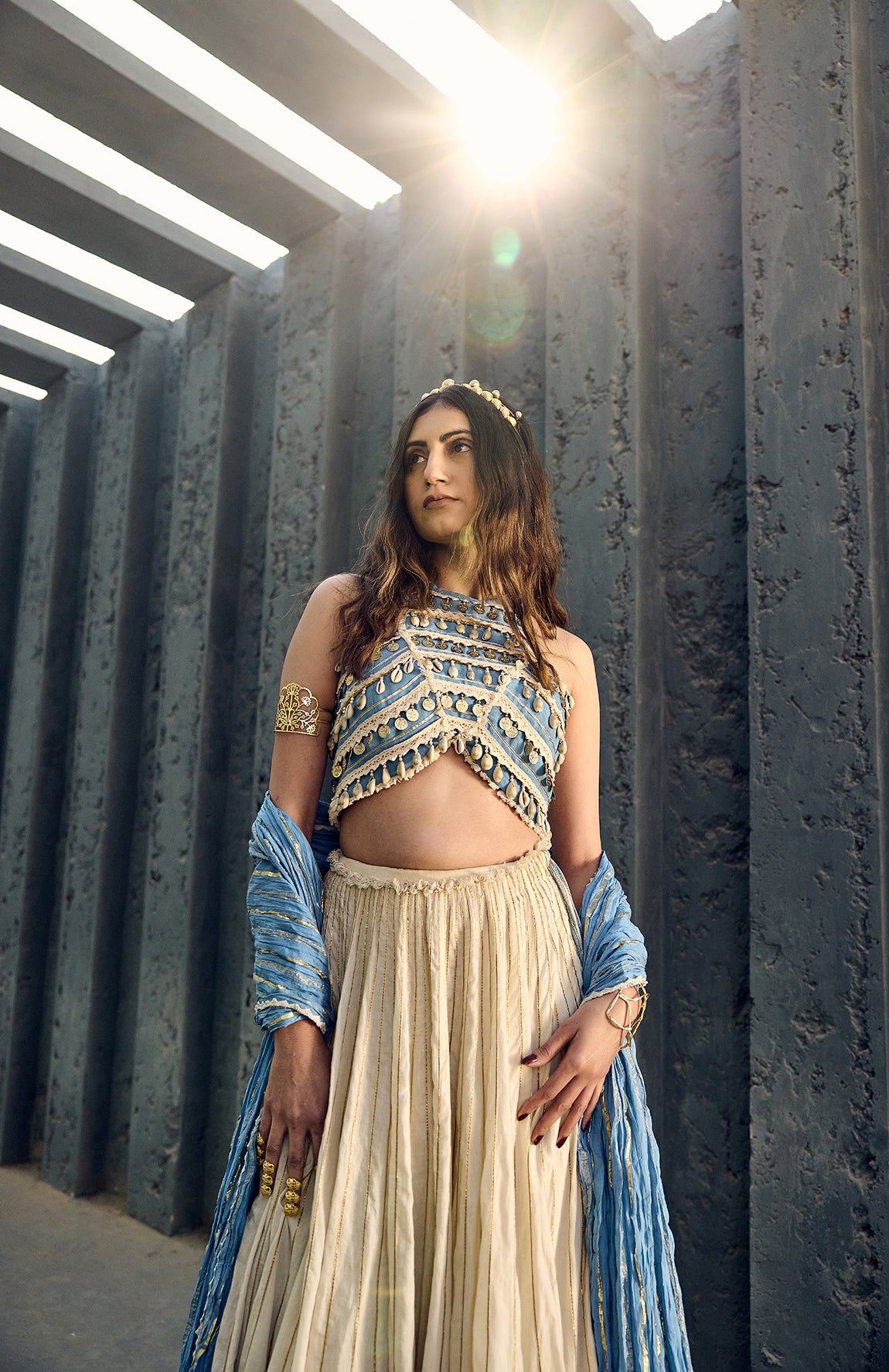 HALTER NECK CROP TOP WITH MAL LEHANGA AND CRUSHED COTTON DUPATTA