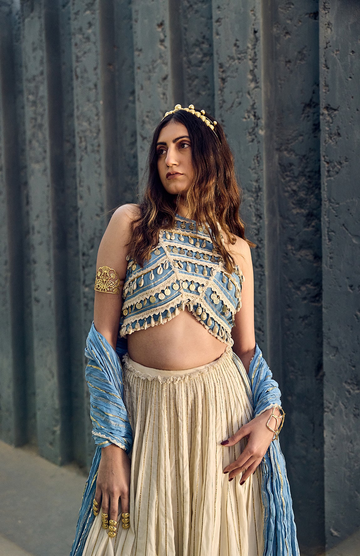 HALTER NECK CROP TOP WITH MAL LEHANGA AND CRUSHED COTTON DUPATTA