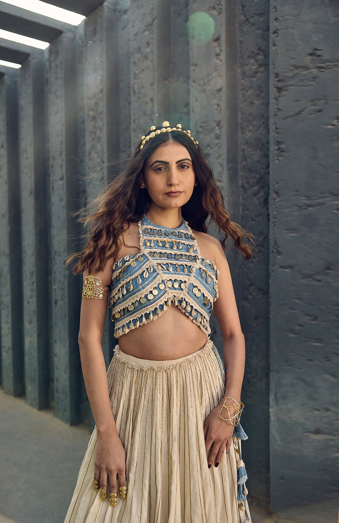 HALTER NECK CROP TOP WITH MAL LEHANGA AND CRUSHED COTTON DUPATTA