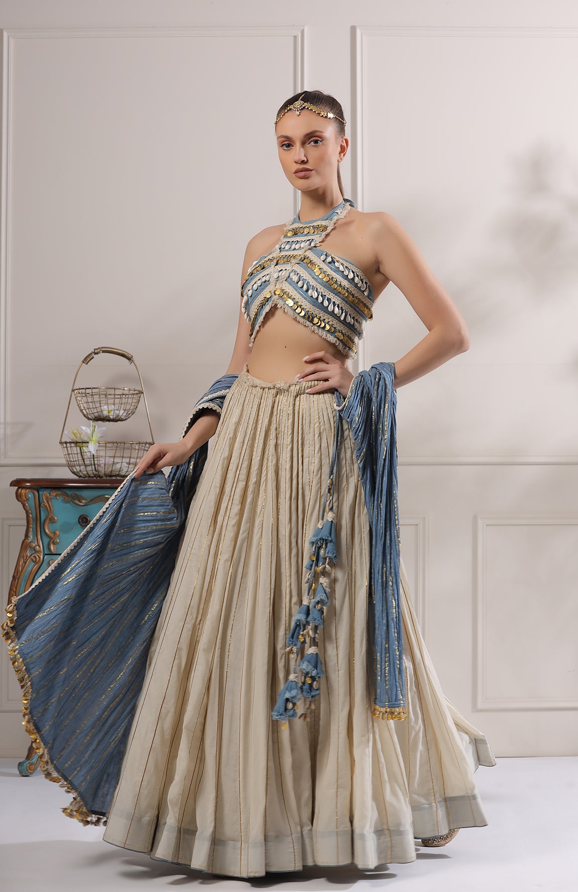 HALTER NECK CROP TOP WITH MAL LEHANGA AND CRUSHED COTTON DUPATTA