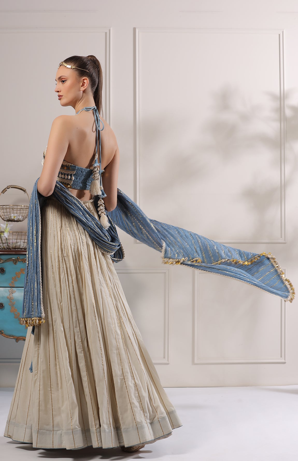 HALTER NECK CROP TOP WITH MAL LEHANGA AND CRUSHED COTTON DUPATTA