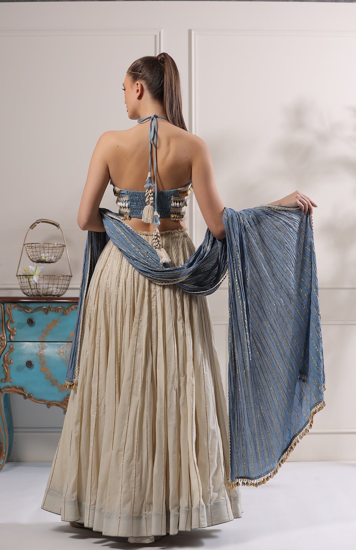 HALTER NECK CROP TOP WITH MAL LEHANGA AND CRUSHED COTTON DUPATTA
