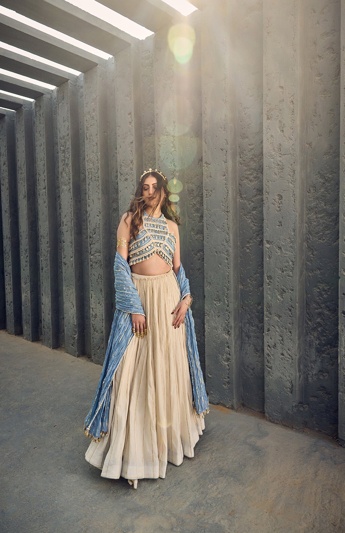 HALTER NECK CROP TOP WITH MAL LEHANGA AND CRUSHED COTTON DUPATTA