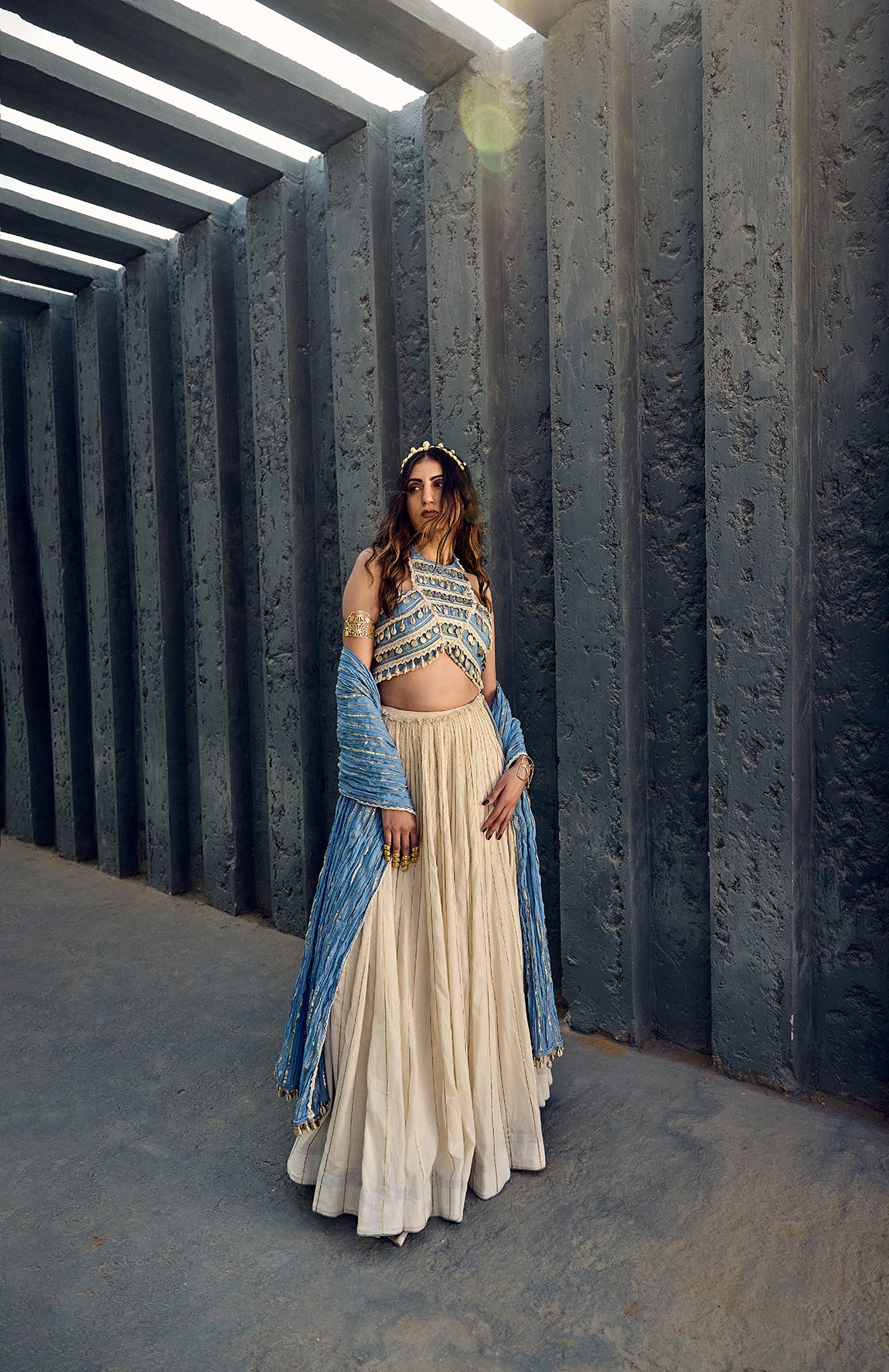 HALTER NECK CROP TOP WITH MAL LEHANGA AND CRUSHED COTTON DUPATTA