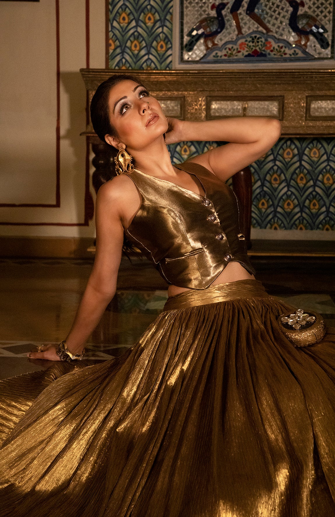 GOLD WAIST COAT AND GOLD LEHANGA