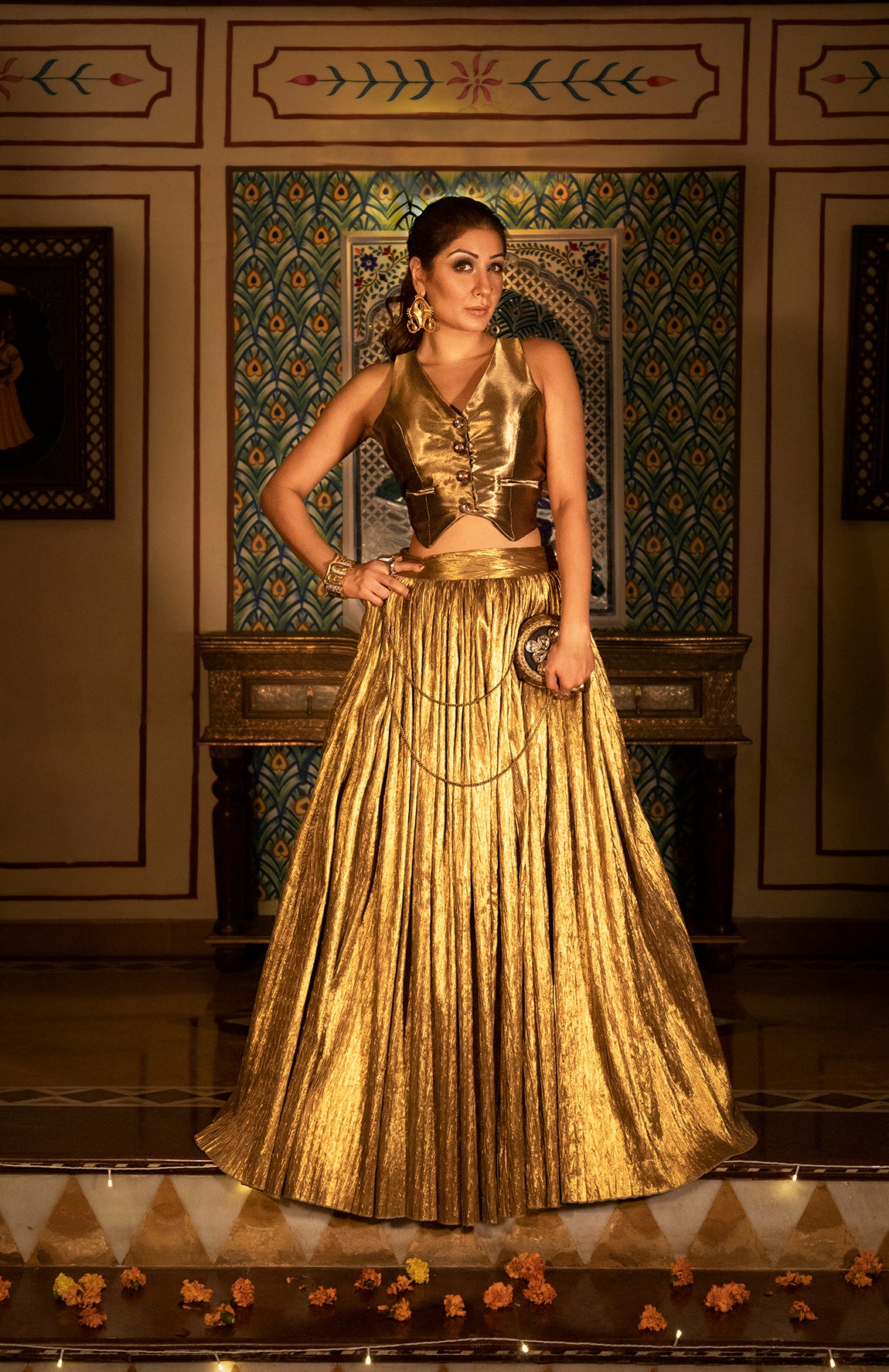 GOLD WAIST COAT AND GOLD LEHANGA