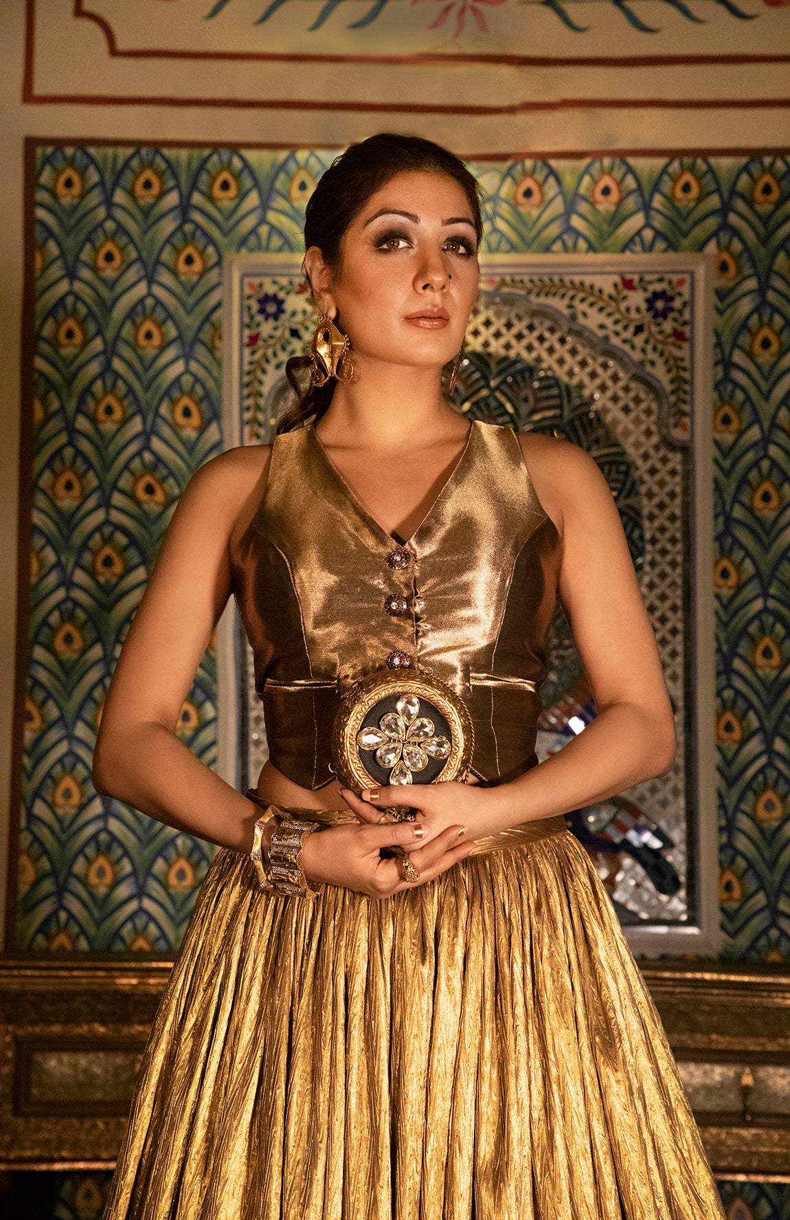 GOLD WAIST COAT AND GOLD LEHANGA