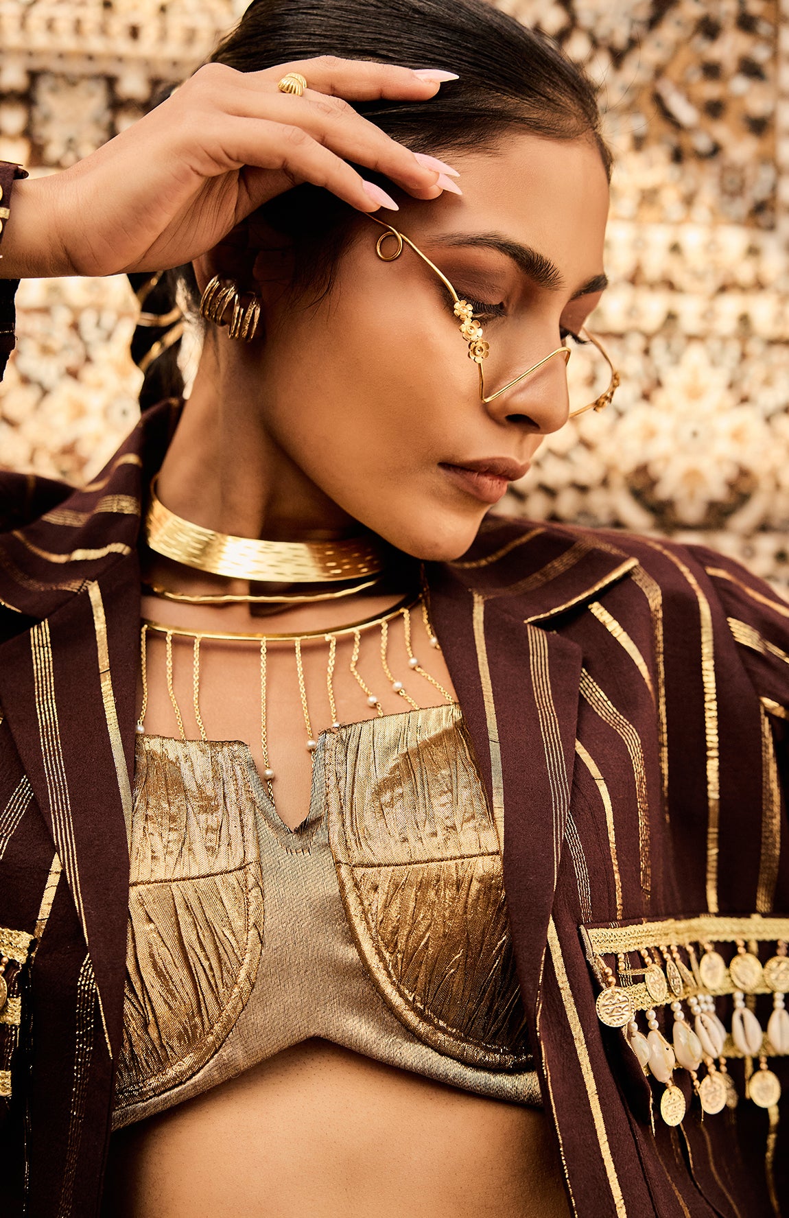 COTTON BROWN  JACKET  SILK JACQUARD BUSTIER CRUSHED SKIRT