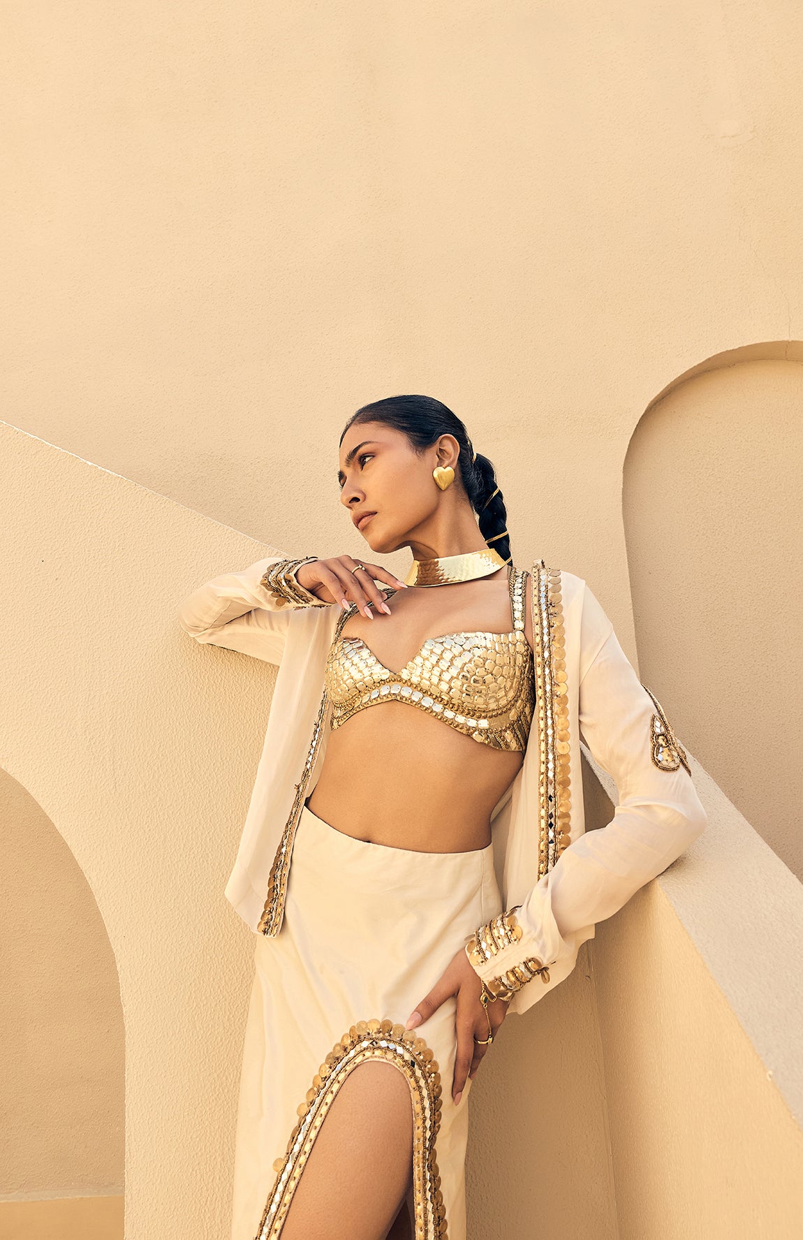 IVORY SATIN ORGANZA EMBELLISHED JACKET WITH SKIRT AND SEQUENCE  WORK BRALETTE