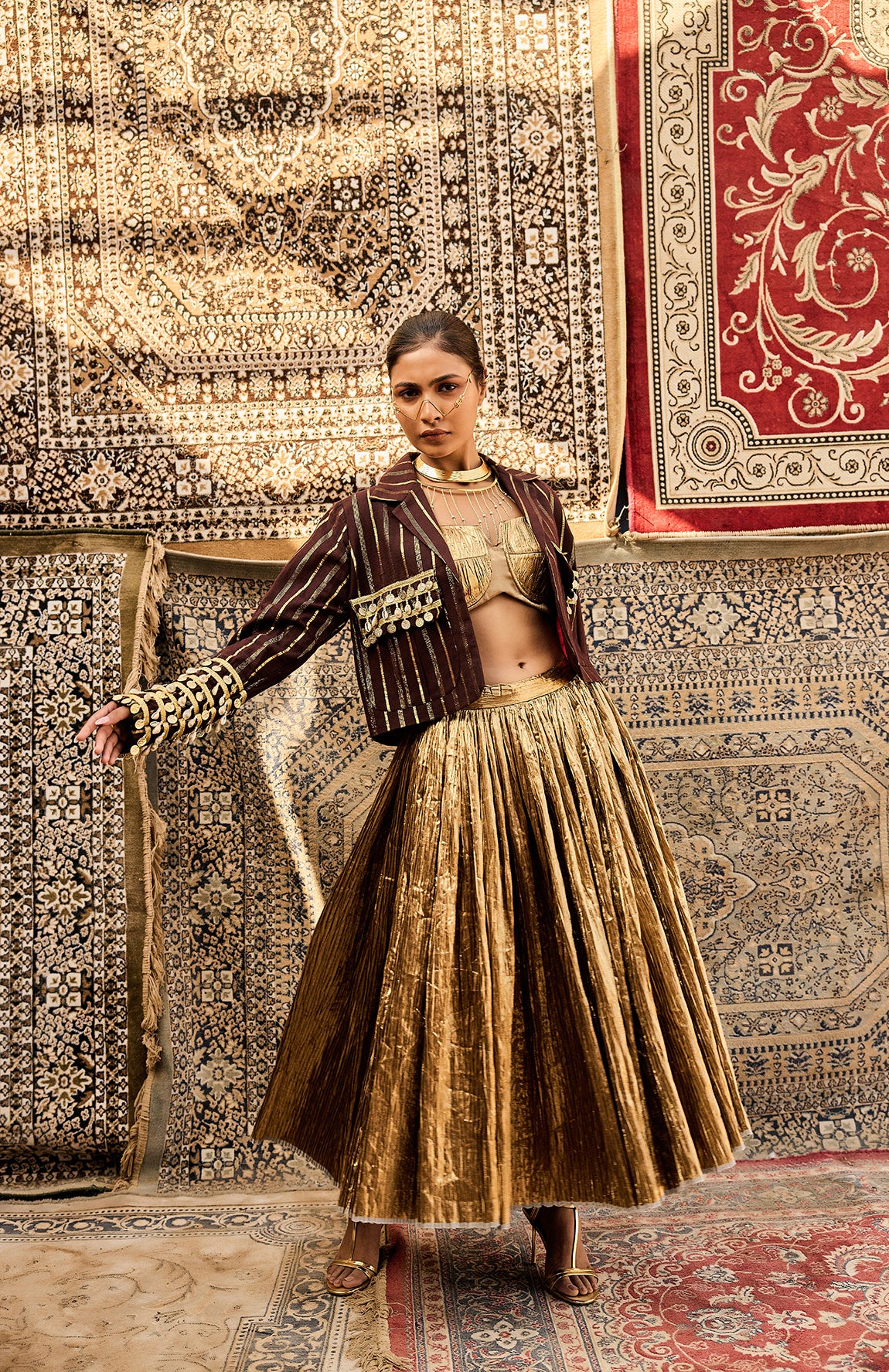 COTTON BROWN  JACKET  SILK JACQUARD BUSTIER CRUSHED SKIRT