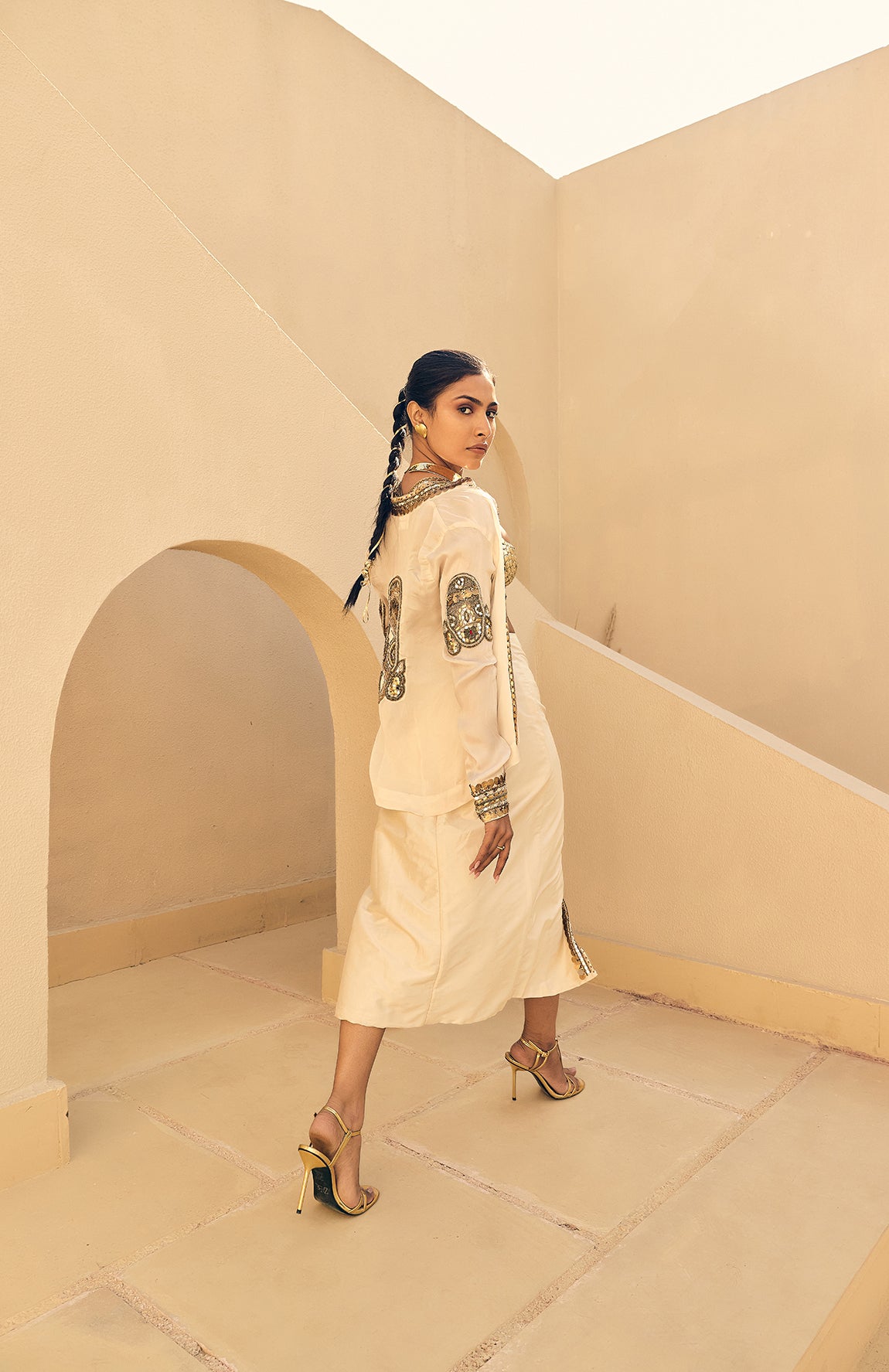 IVORY SATIN ORGANZA EMBELLISHED JACKET WITH SKIRT AND SEQUENCE  WORK BRALETTE