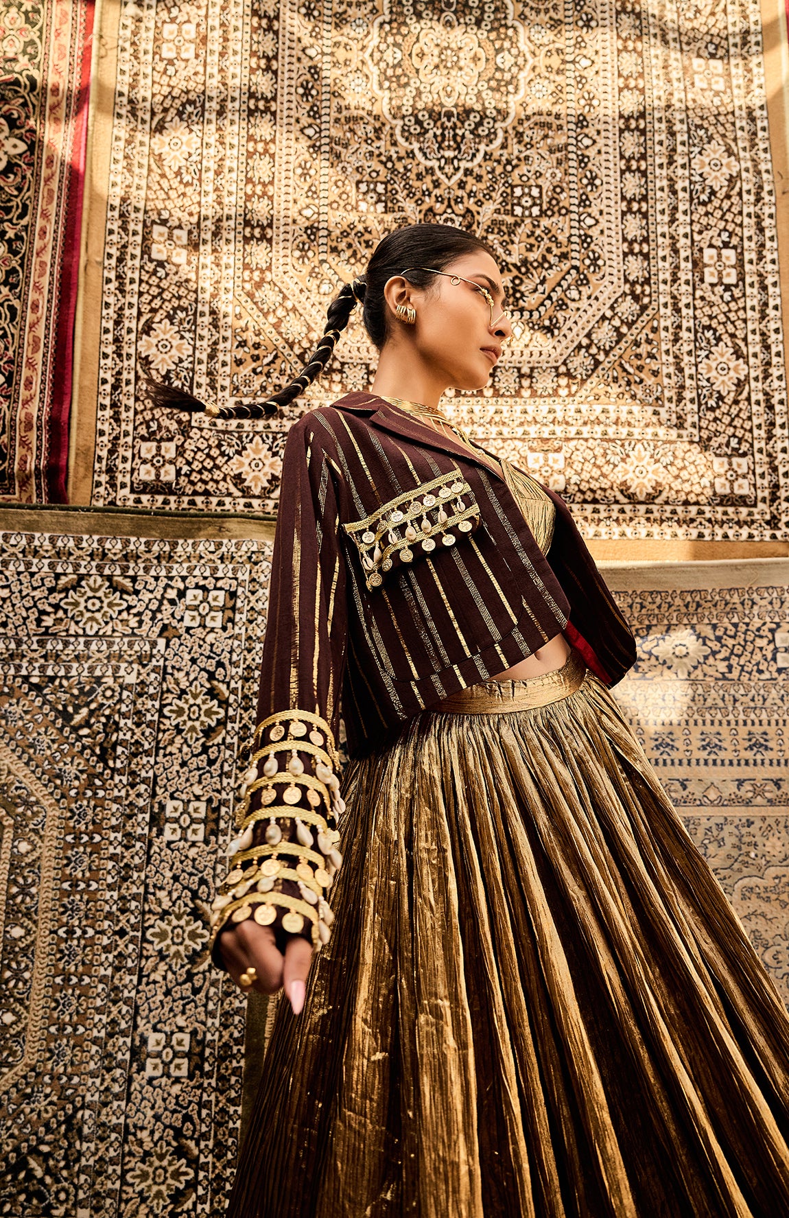 COTTON BROWN  JACKET  SILK JACQUARD BUSTIER CRUSHED SKIRT